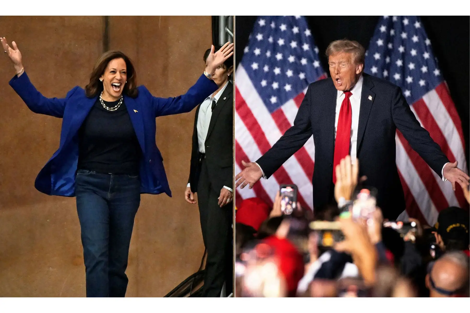 Kamala Harris y Donald Trump lanzaron el lunes una frenética campaña final, llegando a Pensilvania, un estado imprescindible, en el último día de una volátil carrera presidencial estadounidense que, según las encuestas, se encamina hacia un final fotográfico. Foto: AFP