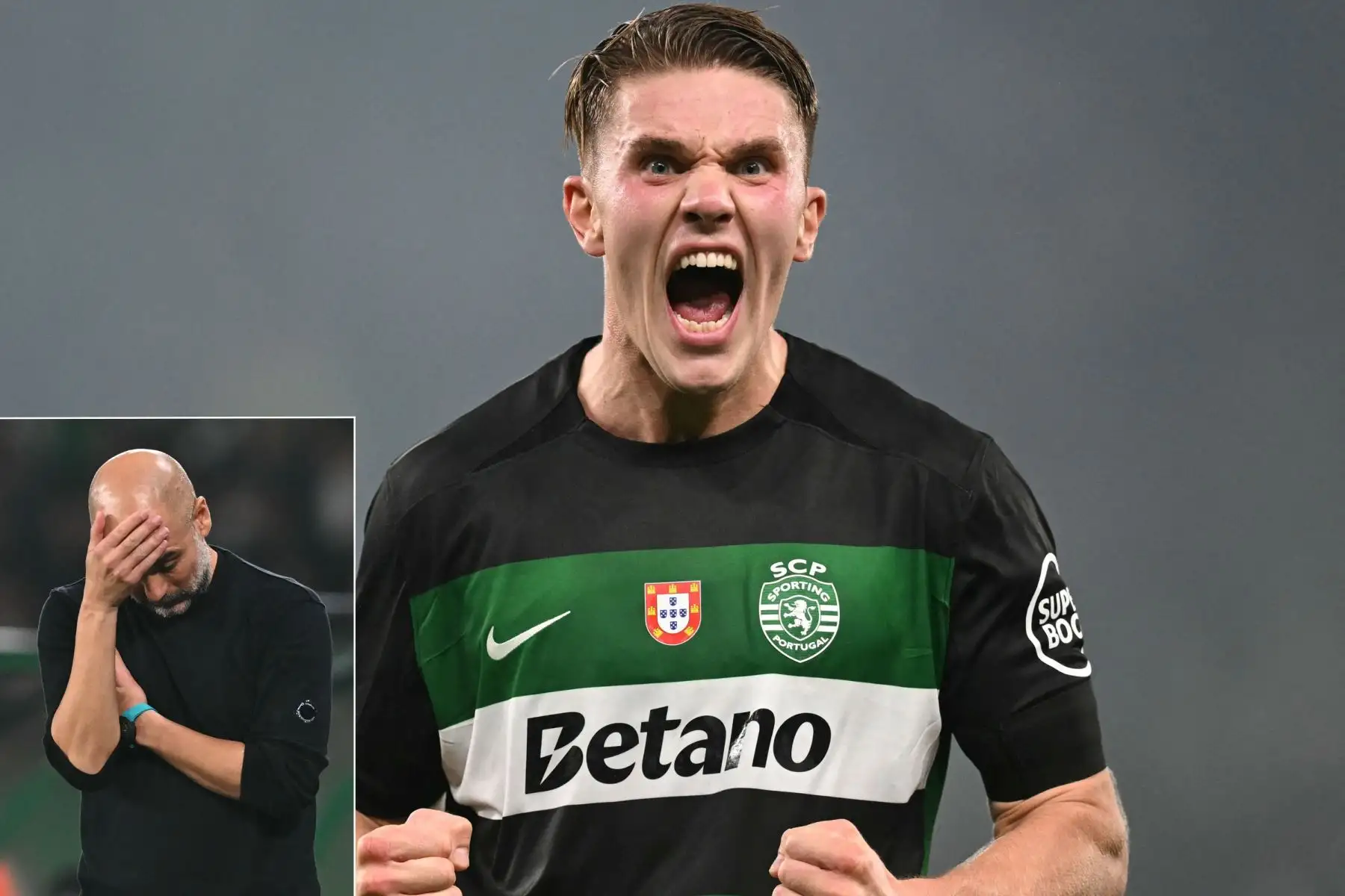 El Sporting de Portugal, con tres goles de su goleador estrella, el sueco Viktor Gyokeres, tumbó este martes al Manchester City de Pep Guardiola por 4-1 en la cuarta jornada de la Liga de Campeones en el último partido del técnico luso Rúben Amorim en el estadio de Alvalade de Lisboa antes de irse al Manchester United. Foto: Composición digital con fotos de AFP