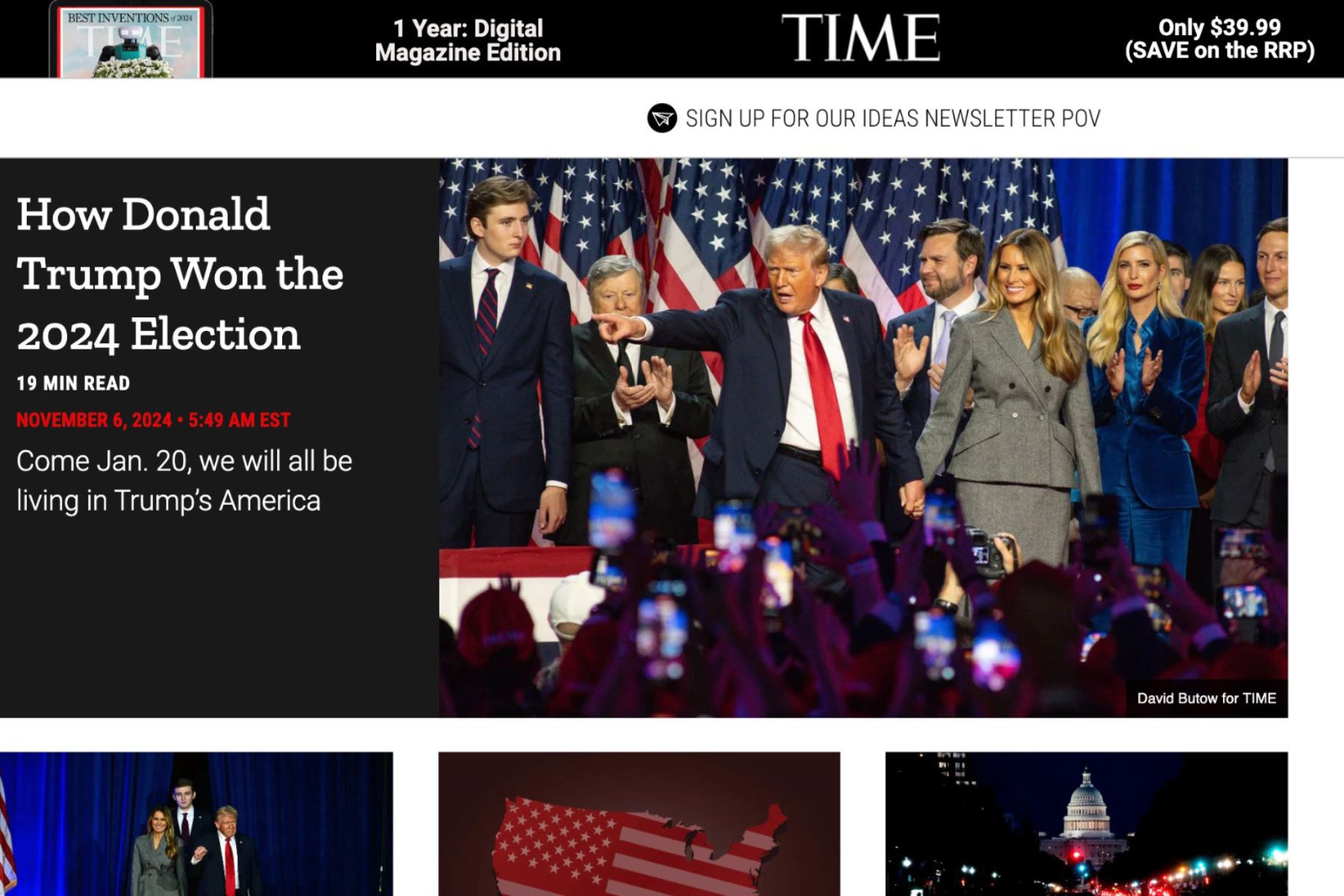 Medios internacionales reportan la victoria de Donald Trump. Revista Time. Foto: Captura TV