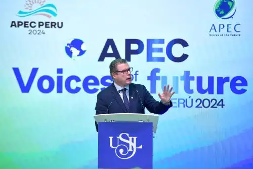 El titular del Ministerio de Educación (Minedu), Morgan Quero, se dirigió a los jóvenes de las 21 economías que conforman el Foro de Cooperación Económica Asia Pacífico (APEC) durante la inauguración del programa “Voices of the future”. ANDINA/ Minedu.