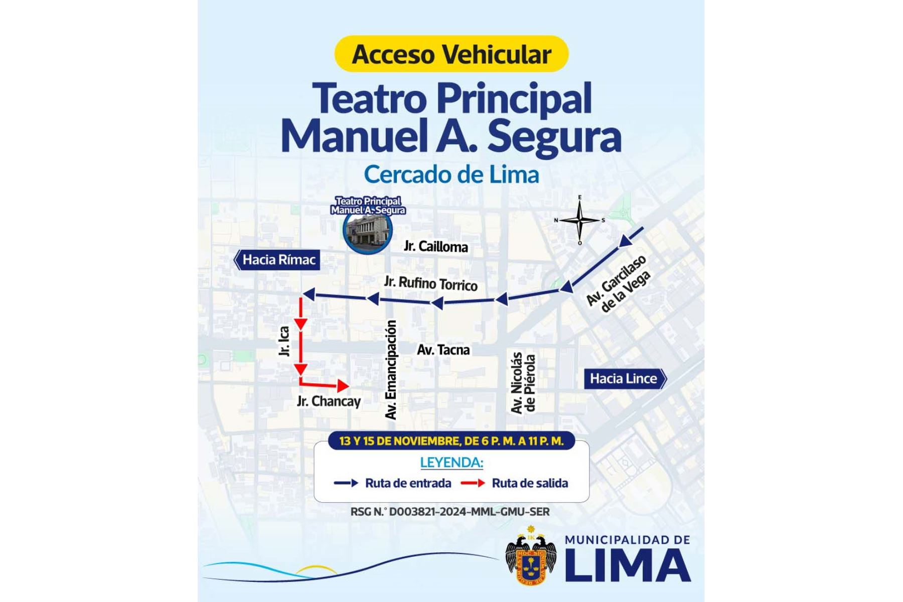 Esta es la ruta de acceso vehicular dispuesta por la Municipalidad de Lima para facilitar el acceso al teatro Manuel A. Segura. Foto: ANDINA/MML