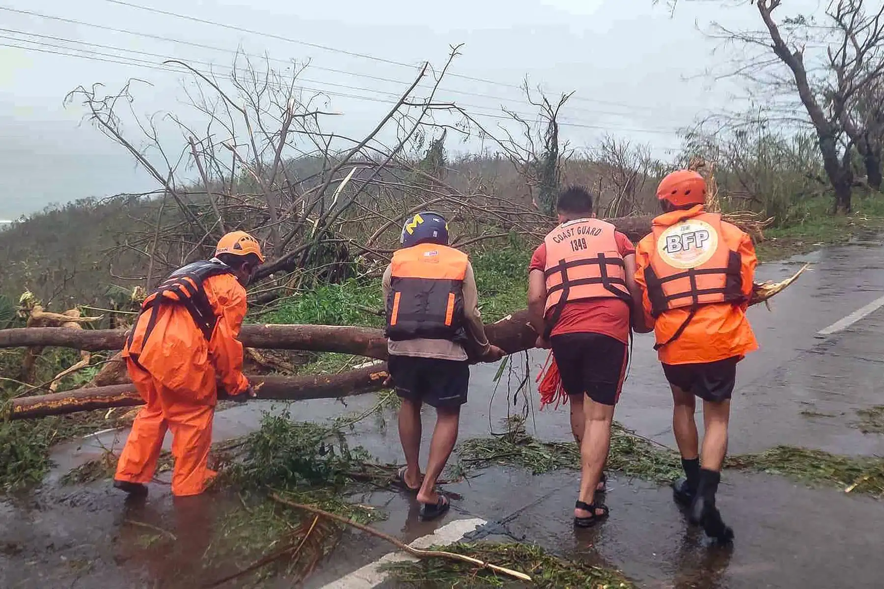 Esta fotografía tomada por la Guardia Costera de Filipinas (PCG) muestra al personal de la guardia costera limpiando una carretera de árboles caídos en la ciudad de Gigmoto, provincia de Catanduanes, al sur de Manila, después de que el súper tifón Man-yi azotara la provincia durante la noche. Foto: AFP