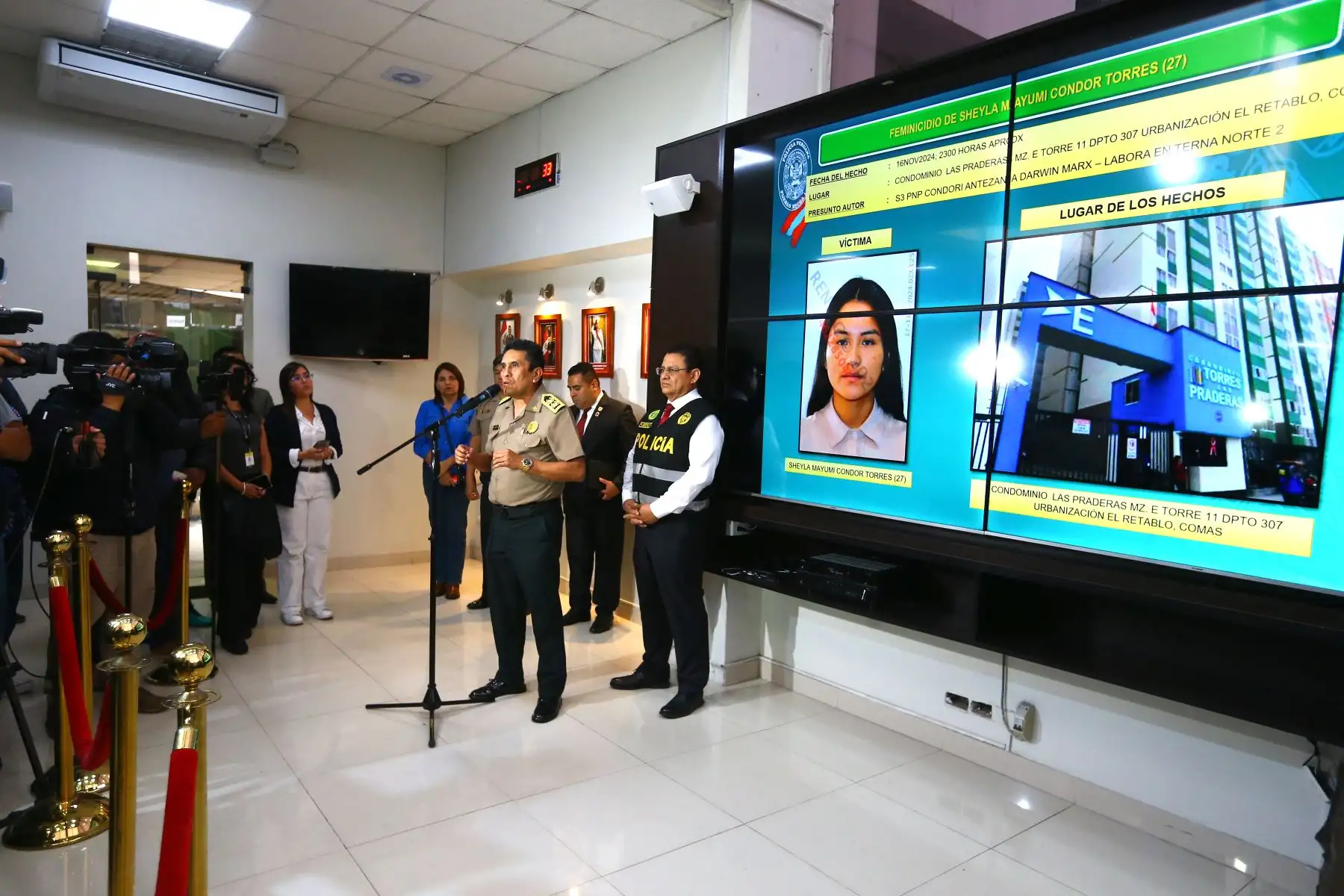 La Policía Nacional del Perú, a través de la Dirección de Investigación Criminal, brinda detalles sobre los acontecimientos suscitados en torno al caso del feminicidio de Sheyla Cóndor. En la imagen, el Crnl. PNP Ricardo Espinoza Cuestas, Jefe de la División de Investigación de Homicidios. 
Foto: ANDINA/ Eddy Ramos