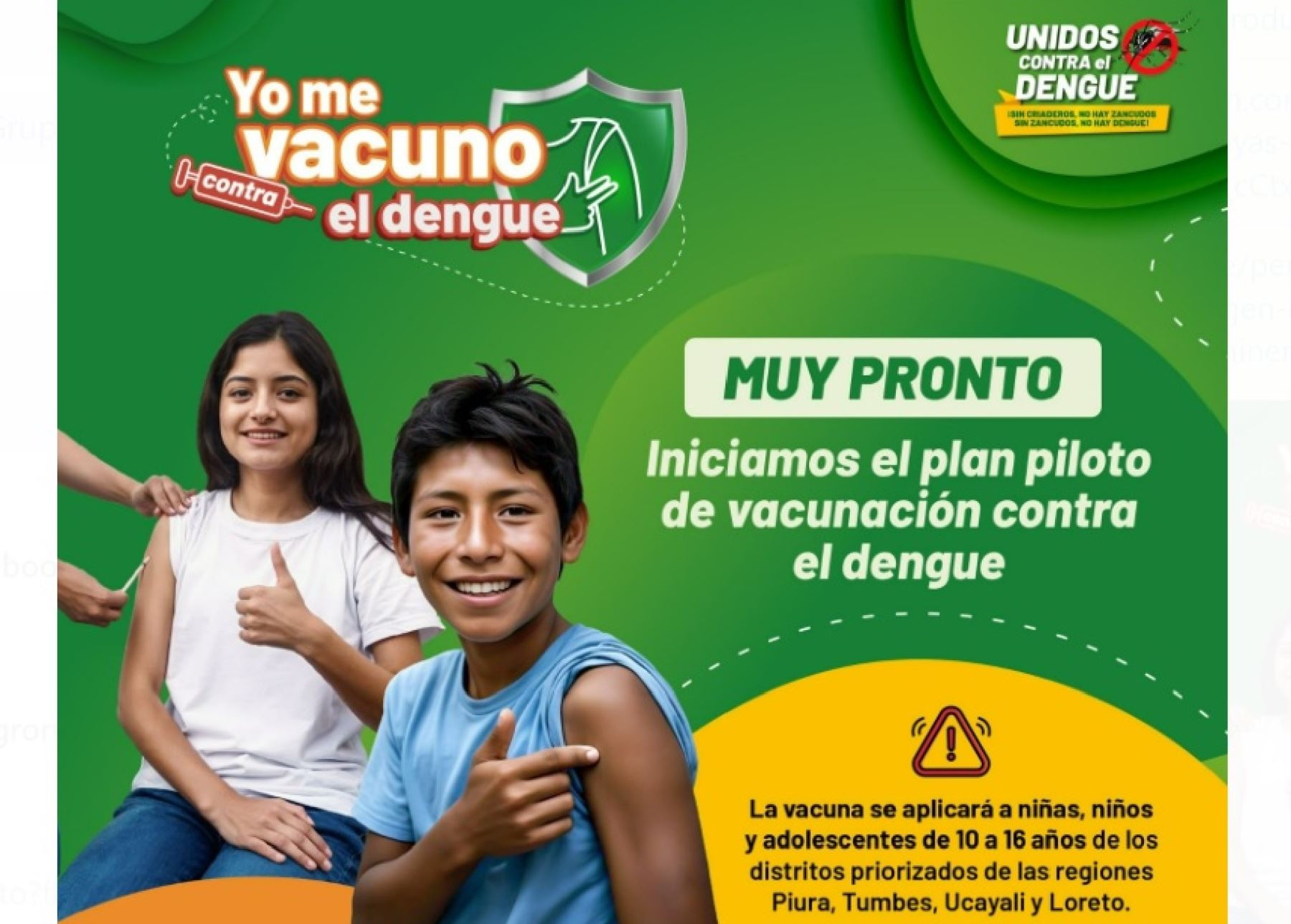 Desde este sábado 23 de noviembre el Minsa aplicará la vacuna contra el dengue a niños y adolescentes de 10 a 16 años de cuatro regiones del país.