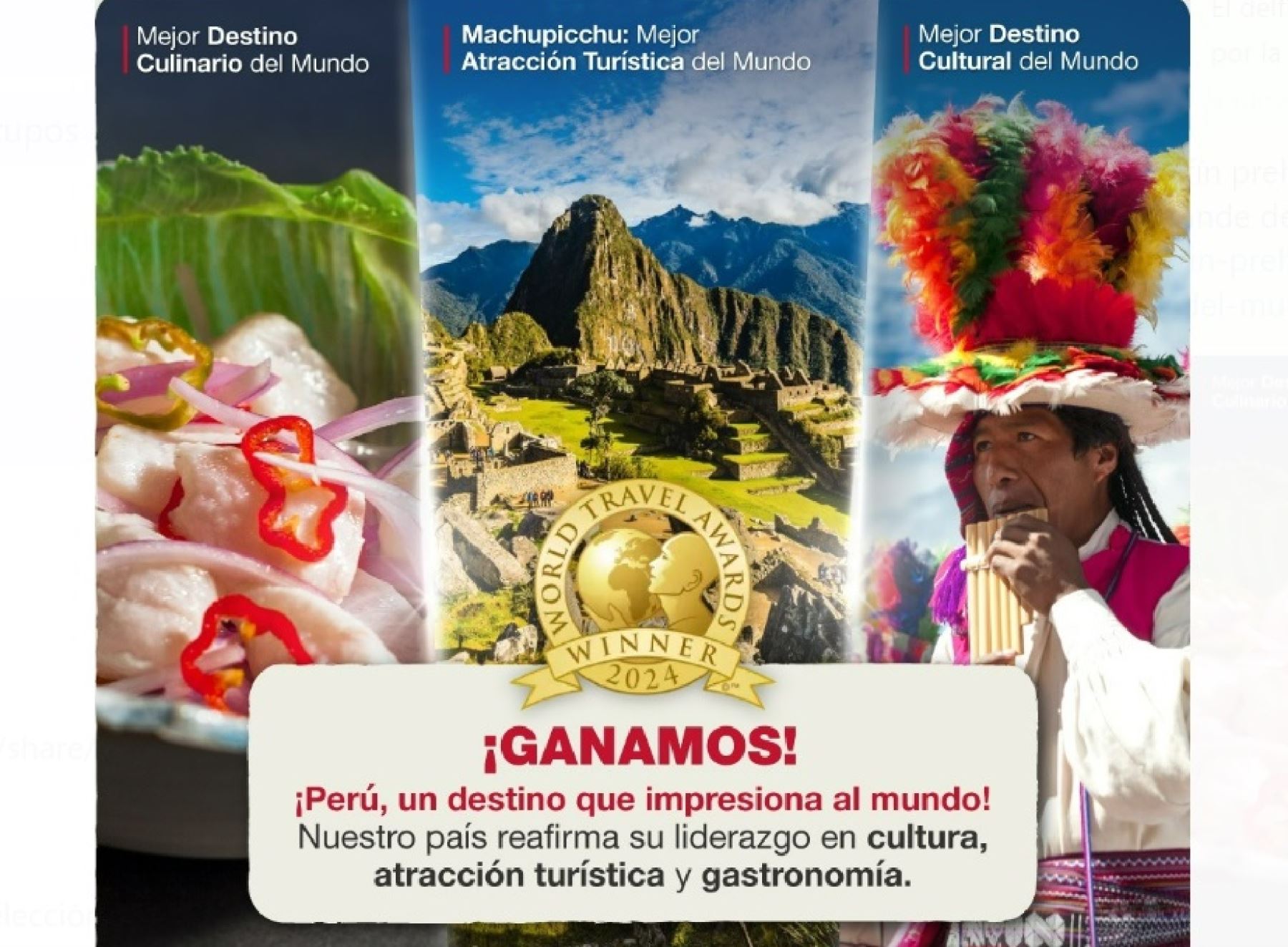 World Travel Awards premió al Perú como Mejor Destino Cultural del Mundo 2024.