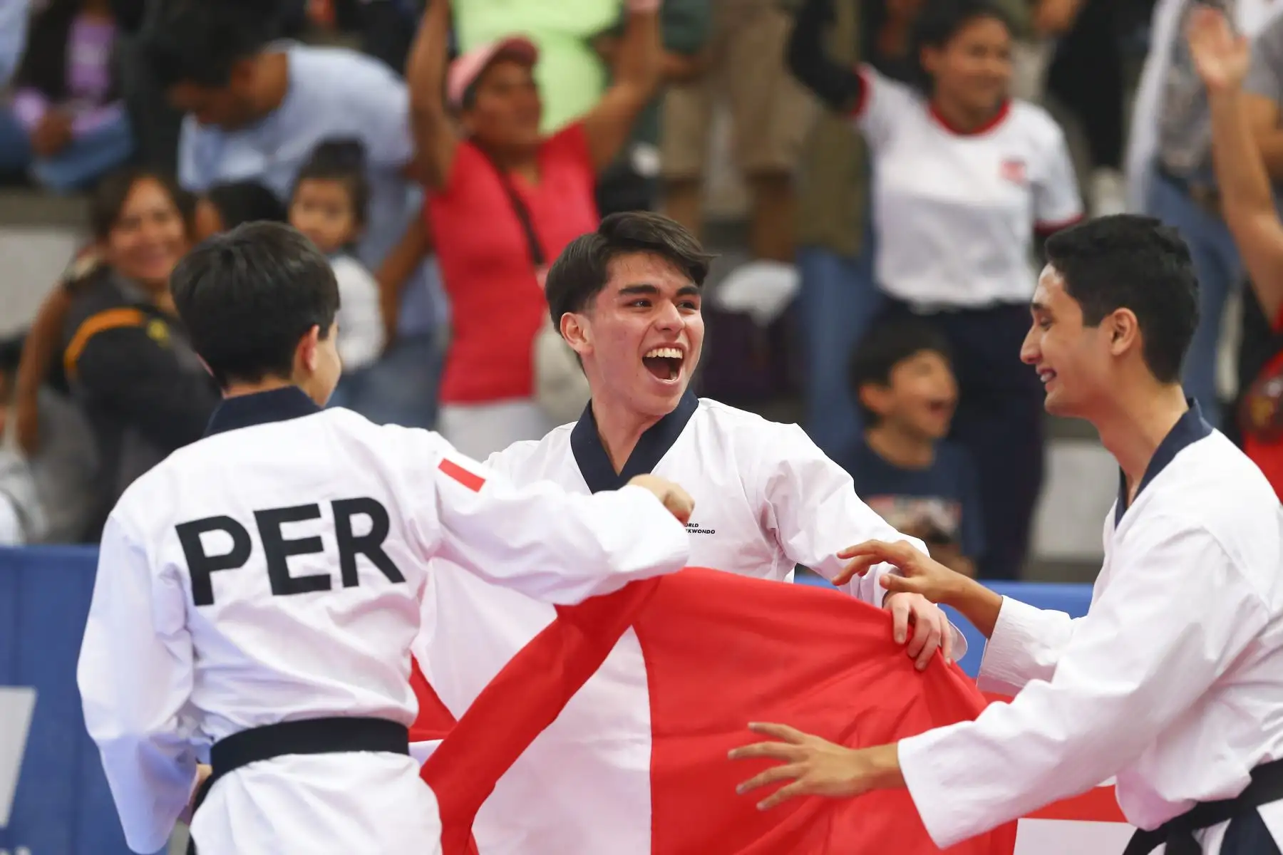Los taekwondistas peruanos José Joaquín Carrasco, Mateo Sebastián Argomedo y Sebastián Andrés Guzmán conquistaron la medalla de oro en la competencia de taekwondo de los Juegos Bolivarianos Bicentenario Ayacucho 2024, enfrentándose a otros 4 países en la final de la categoría team freestyle masculino, desde el coliseo del colegio Mariscal Cáceres de Huamanga. Foto: ANDINA/Eddy Ramos
