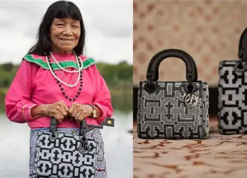 La casa de modas Dior presenta una nueva colección de su clásico bolso Lady Dior que ahora incluye una línea inspirada en motivos del arte kené diseñadas por la artista shipibo-conibo Sara Flores. Foto: Casa Dior