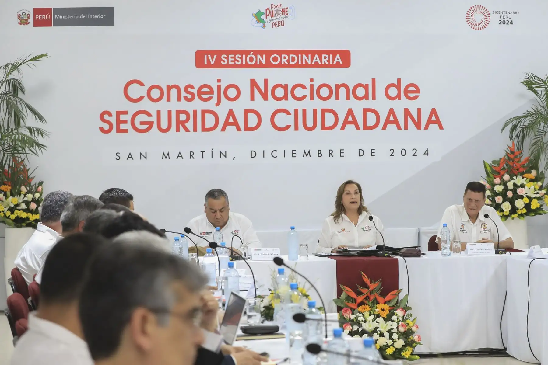 La presidenta de la república, Dina Boluarte, dio a conocer los acuerdos alcanzados durante la IV Sesión Ordinaria del Consejo Nacional de Seguridad Ciudadana (Conasec), realizado en la ciudad de Tarapoto, en la región San Martín. 
Foto: ANDINA/Prensa Presidencia