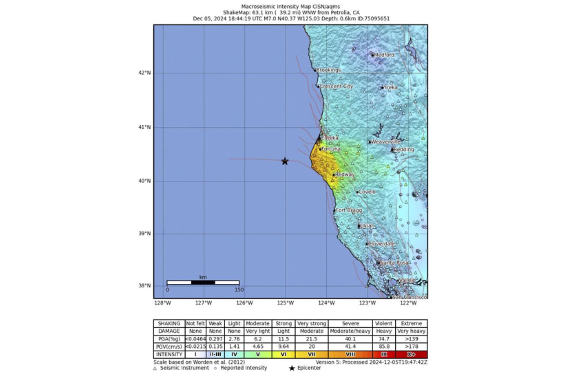 Mapa de temblores facilitado por el Servicio Geológico de Estados Unidos muestra la ubicación de terremoto de magnitud 7.0 que golpeó la costa de Cabo Mendocino, California, EE. UU. Foto: ANDINA/EFE