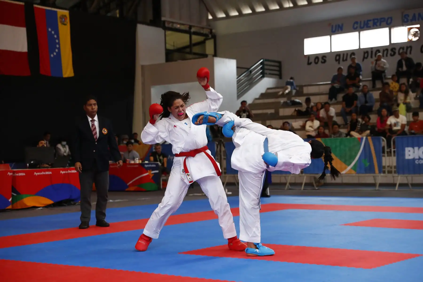 Así fue la participación de Perú en el torneo de karate de los Juegos Bolivarianos Bicentenario Ayacucho 2024, en el coliseo del colegio Mariscal Cáceres de Huamanga, en la que nuestra peleadora Sol Karina Cabrera se enfrentó a las representantes de Guatemala, República Dominicana y Chile por la categoría 61kg femenina. Foto: ANDINA/Daniel Bracamonte
