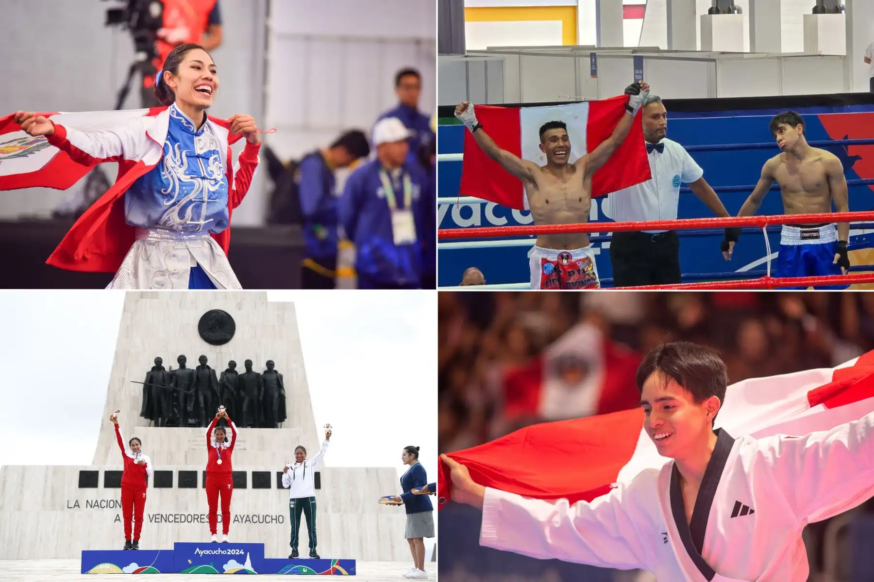 En plena celebración por un aniversario más de la histórica batalla de Ayacucho, la delegación peruana que compite en los Juegos Bolivarianos del Bicentenario Ayacucho 2024 honra este hecho histórico con el triunfo que le regala al país al consolidarse como líder indiscutido de este importante evento multideportivo con un total de 112 medallas, hasta el momento.. Foto: Composición digital con fotos de difusión