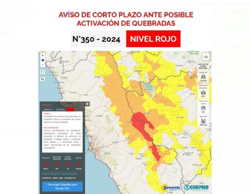 El Senamhi emitió una alerta donde advierte que la sierra de Lima soportará esta tarde una lluvia intensa y existe el peligro de activación de quebradas que podrían afectar a varias localidades, en especial de las provincias de Huarochirí, Yauyos, Canta, entre otras.