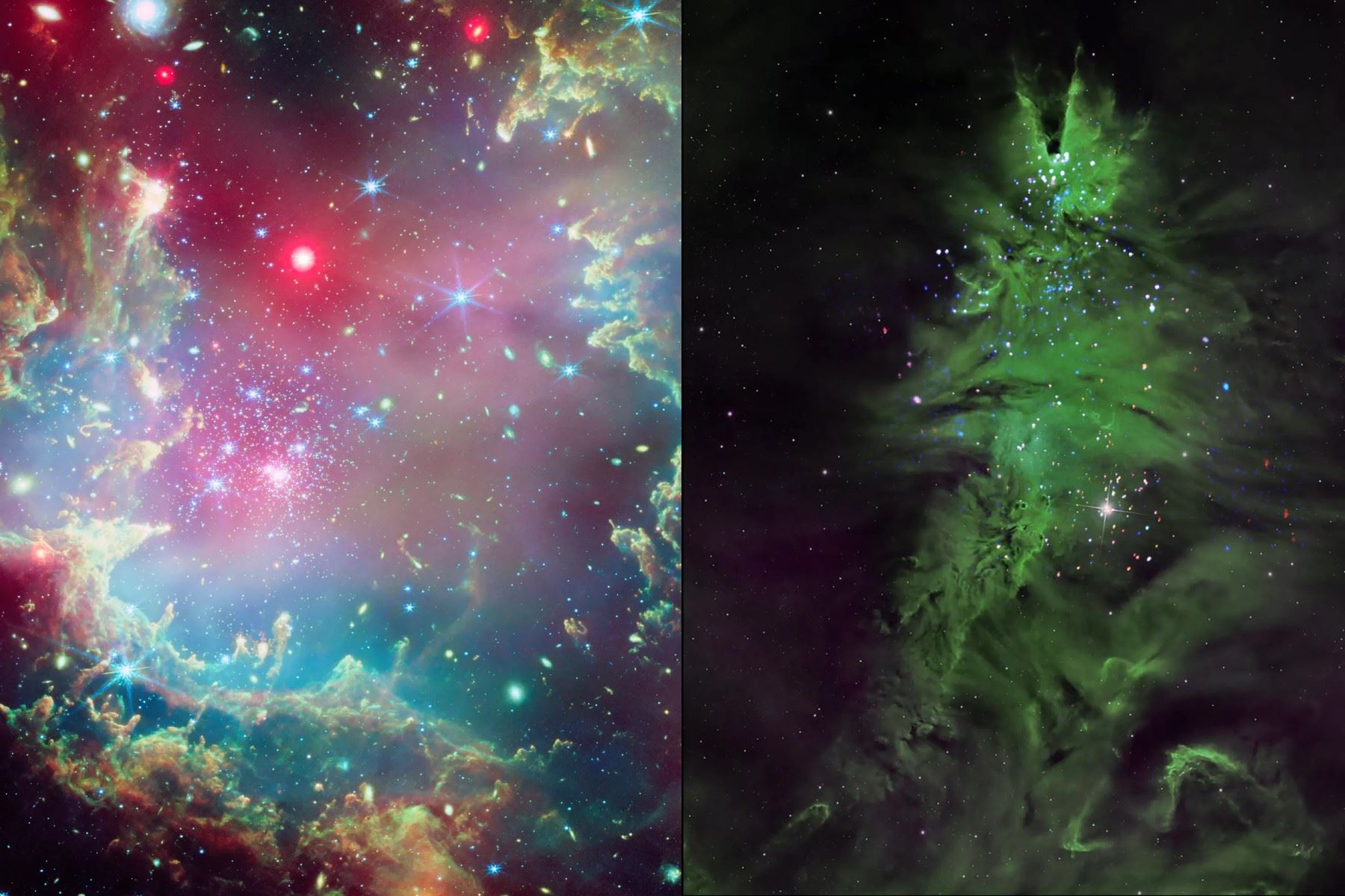 Las tenues nubes verdes en forma cónica y las pequeñas motas de luz blanca, azul, violeta y roja, estrellas dentro del cúmulo, lo convierten en un "árbol de Navidad cósmico". Foto: NASA
