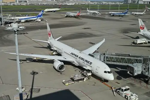 Esta foto tomada el 24 de agosto del 2024 muestra un avión de pasajeros Boeing 787-9 Dreamliner de Japan Airlines (JAL). Foto: AFP