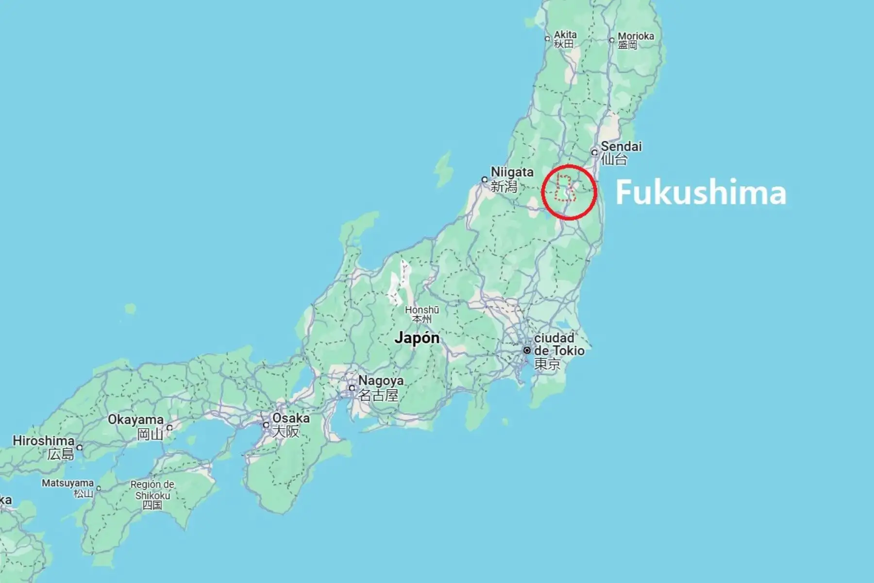 Mapa de ubicación de Fukushima en el noreste de Japón. Imagen: Google Maps.