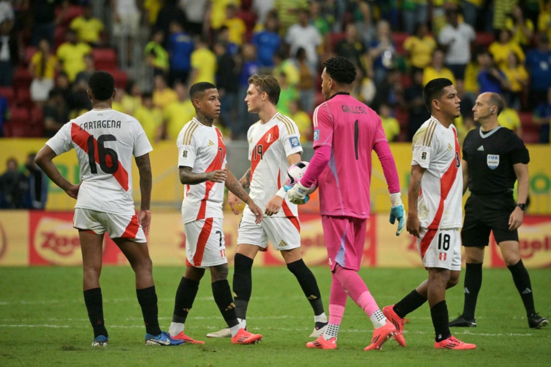 Los jugadores de Perú reaccionan después de perder el partido de fútbol de clasificación sudamericana de la Copa Mundial de la FIFA 2026 entre Brasil y Perú en el estadio Mane Garrincha de Brasilia el 15 de octubre de 2024. (Foto de NELSON ALMEIDA / AFP)