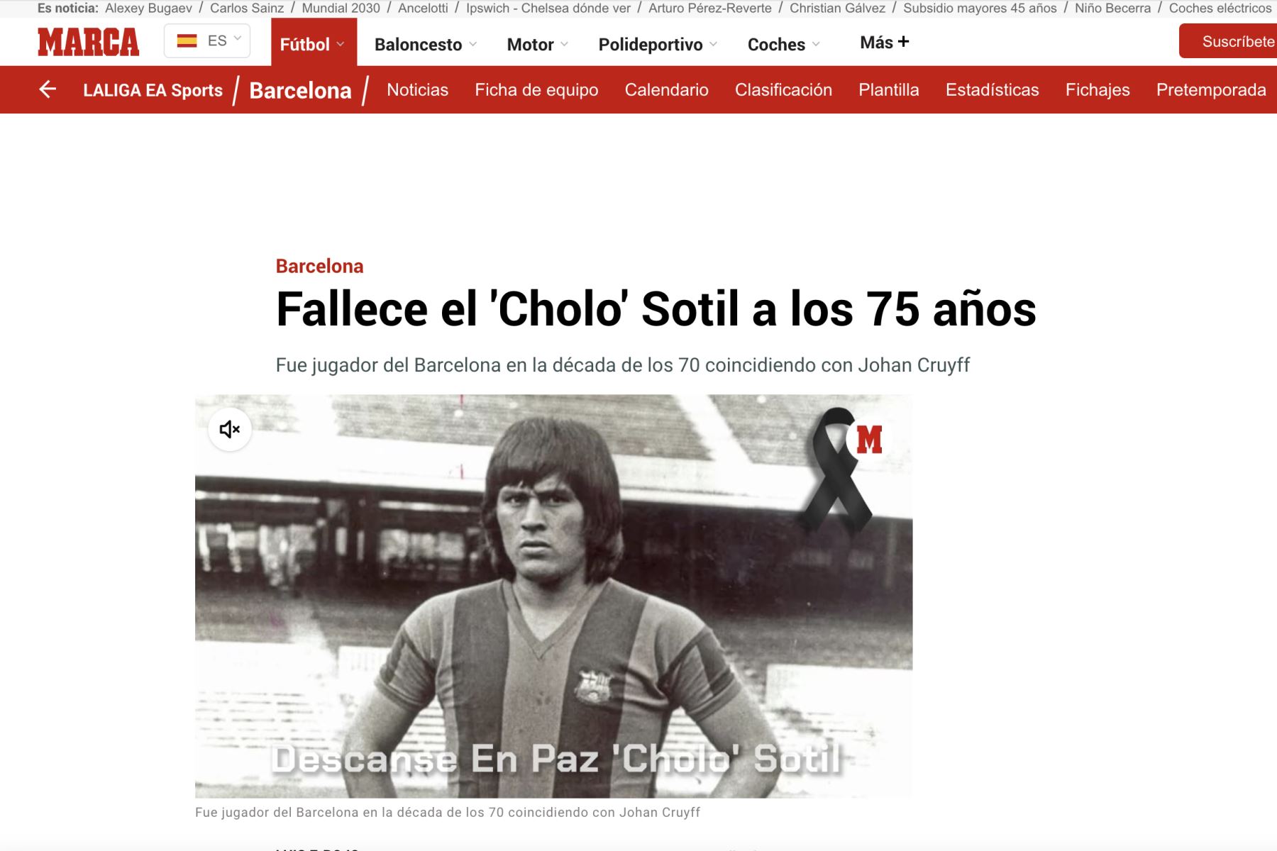 Diario deportivo Marca, de España publica la noticia de la muerte de Hugo el cholo Sotil quien fue jugador del Barcelona en la década del 70