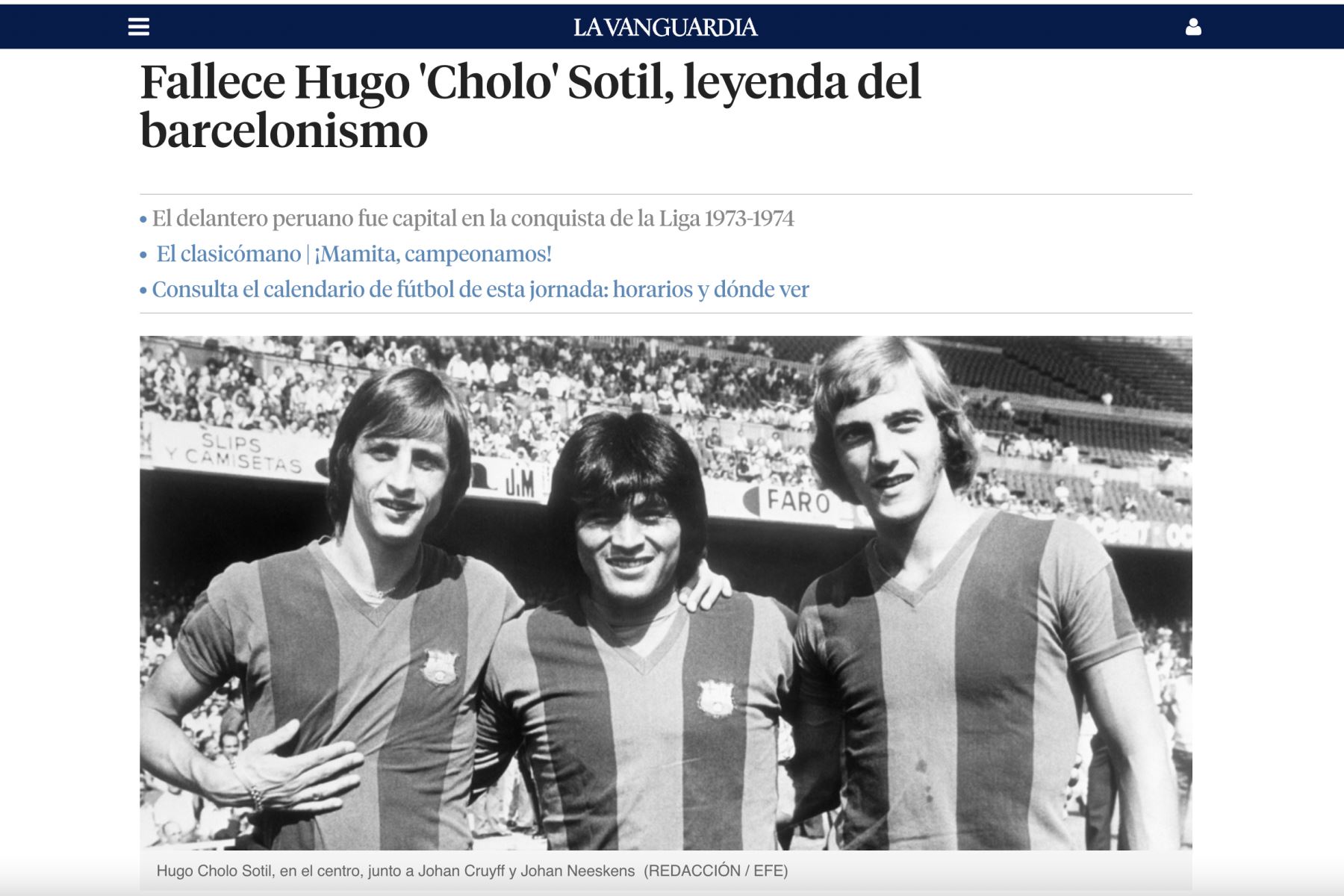 Diario la Vanguardia de España informa de la muerte del ex jugador del  barça