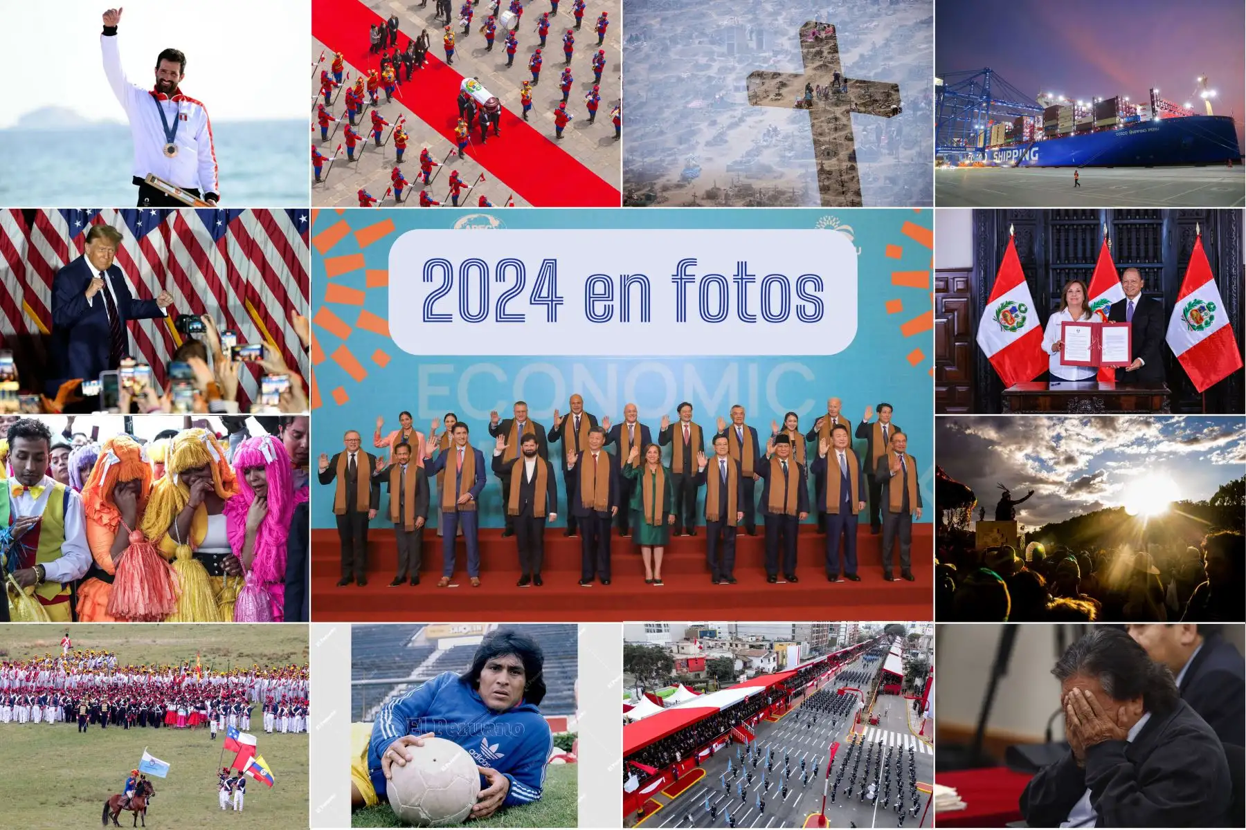 La Agencia Peruana de Noticias Andina presenta su resumen fotográfico del año, capturando los eventos que marcaron al Perú y al mundo. Desde logros deportivos hasta acontecimientos culturales, no te pierdas esta selección de imágenes que narran nuestra historia reciente. 
Foto: composición digital con fotos de la Agencia de Noticias Andina