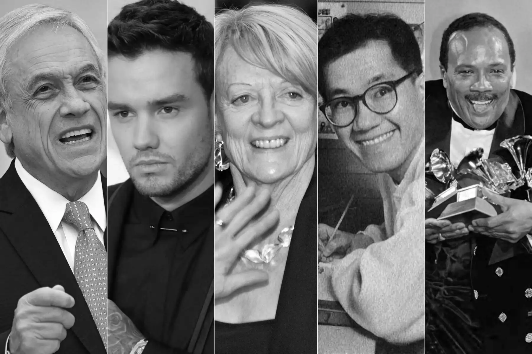 En 2024, el mundo despidió a figuras destacadas como Sebastián Piñera, expresidente chileno fallecido en un accidente aéreo a los 74 años y Akira Toriyama, creador de Dragon Ball, quien murió a los 68. También partieron Maggie Smith, actriz británica recordada por la saga de Harry Potter, a los 89 años; Liam Payne, exintegrante de One Direction, a los 31; y Quincy Jones, productor musical, a los 91.
 Foto: composición digital con fotos de AFP e Internet