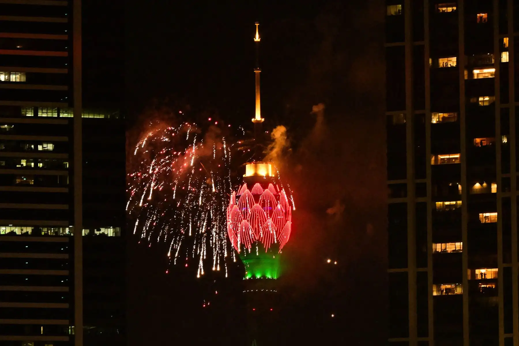 Los fuegos artificiales explotan junto a la Torre del Loto durante las celebraciones de Nochevieja en Colombo, Sri Lanka , el 1 de enero de 2025.
Foto: AFP