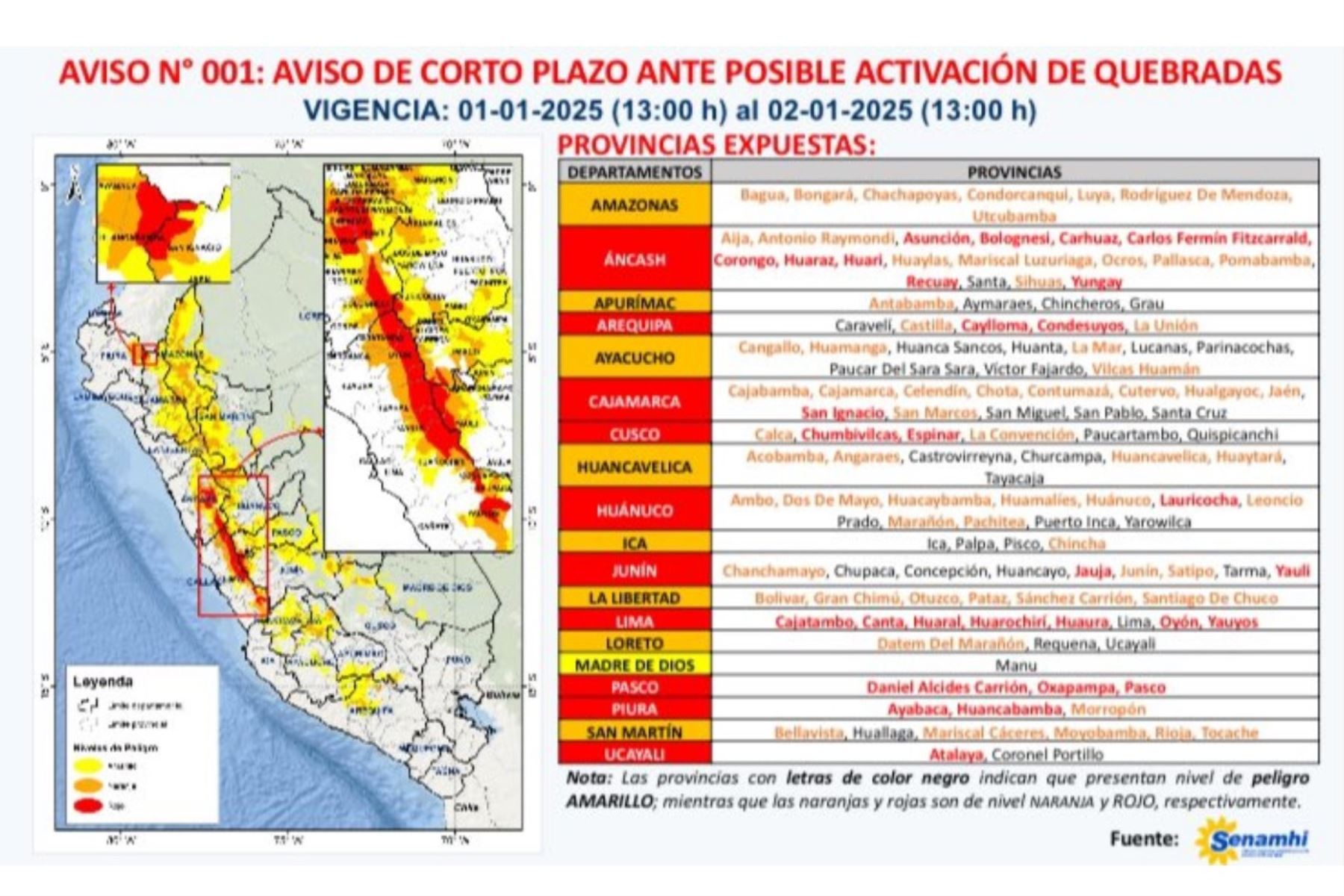 Aviso 001 del Senamhi sobre posible activación de quebradas. Imagen: COEN Indeci/Senamhi.