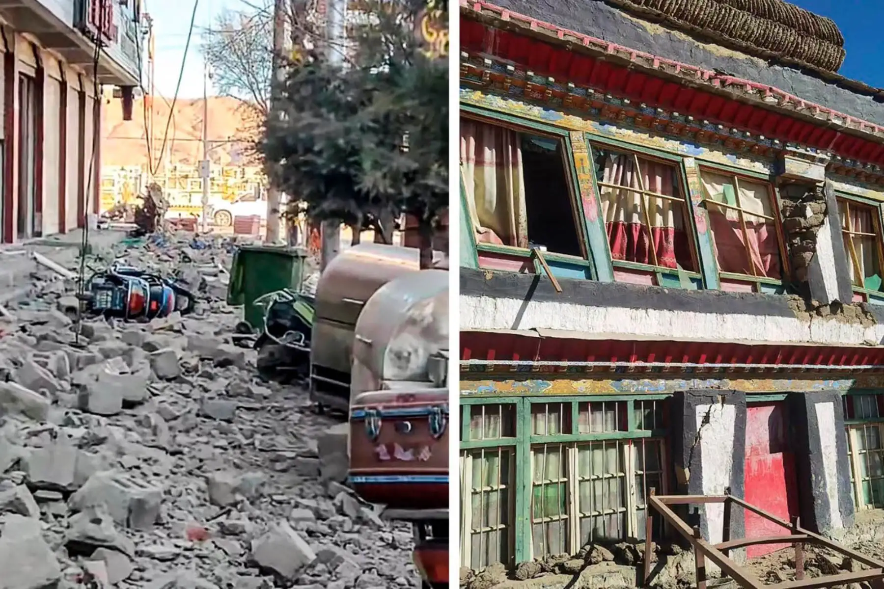 Casas dañadas en Shigatse, en la región del Tíbet, en el suroeste de China, después de que un terremoto azotara la zona. Foto: AFP