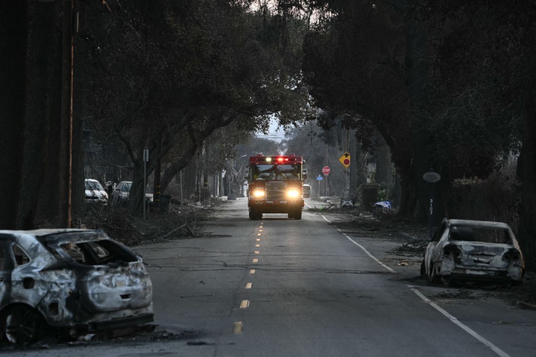 Un camión de bomberos sube por una calle con vehículos carbonizados dejados por el incendio de Eaton en Altadena, California, el 10 de enero de 2025. Foto: AFP