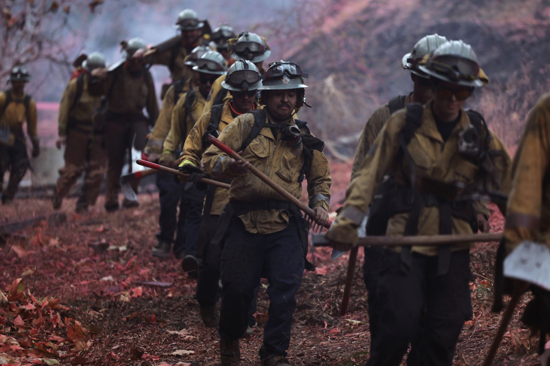 Los bomberos caminan hacia el incendio forestal de Palisades en los Ángeles, California, EE.UU.
Foto: EFE