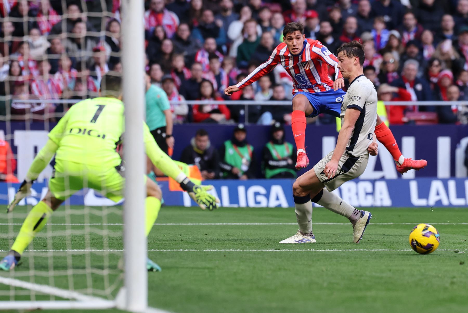 El defensa argentino  del Atlético de Madrid, Nahuel Molina Lucero, desafía al portero español de Osasuna, Sergio Herrera Pirón, durante el partido de fútbol de la liga española entre el Club Atlético de Madrid y CA Osasuna en el estadio Metropolitano de Madrid .
Foto: AFP