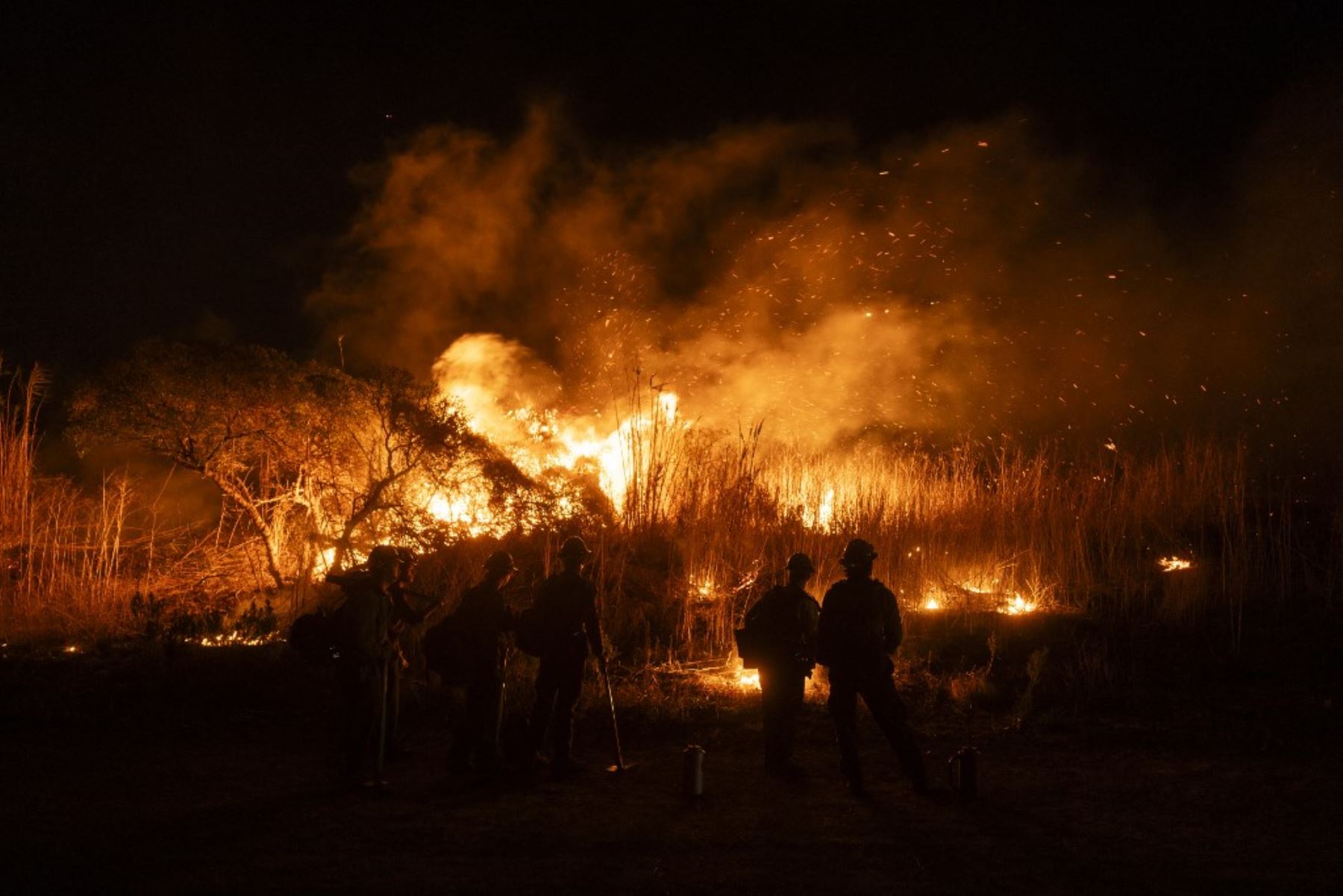 Bomberos monitorean y controlan la propagación del incendio en Oxnard, al noroeste de Los Ángeles, California. Foto: AFP