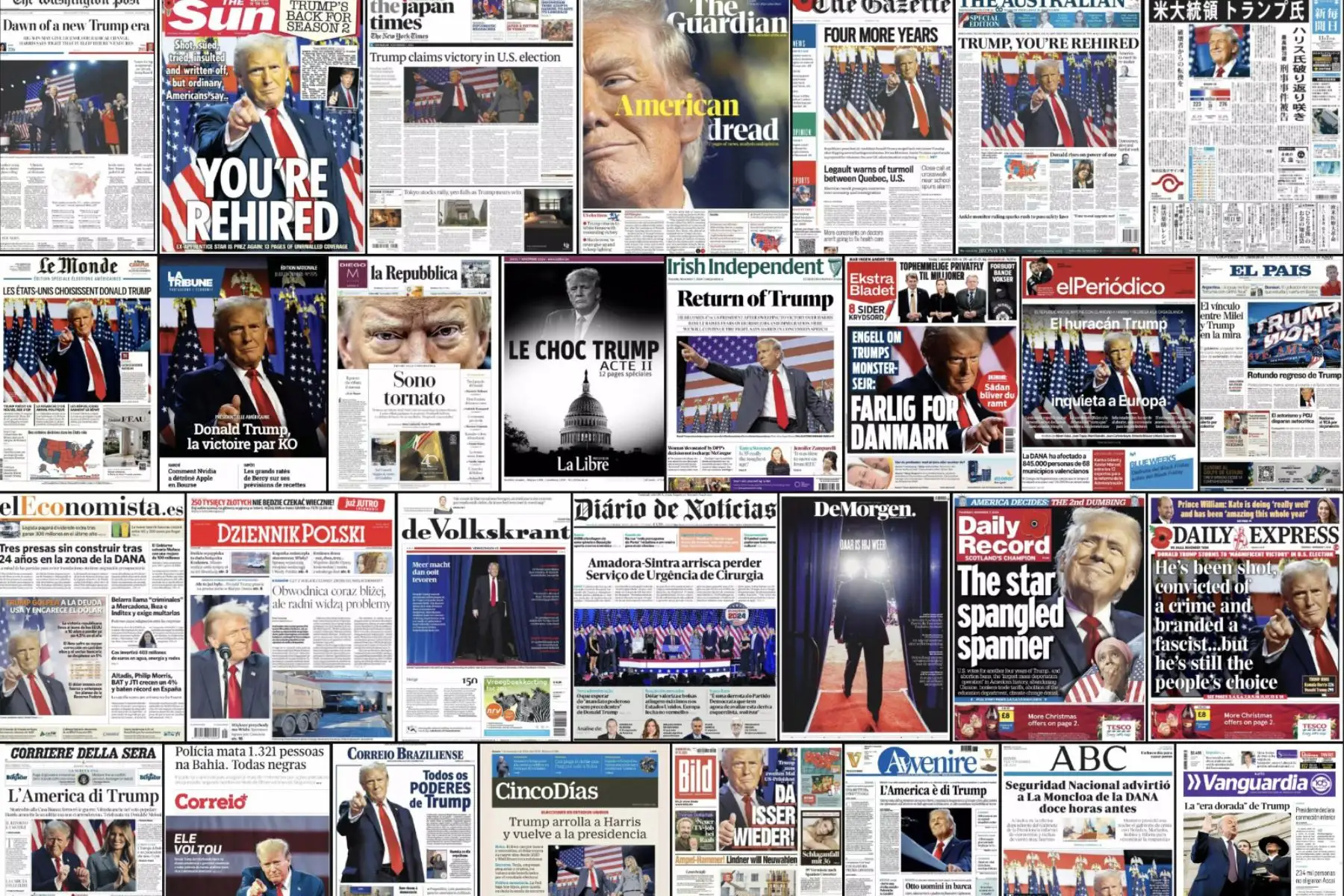 Portadas de algunos de los periódicos internacionales por la toma de posesión de Donald Trump como el 47º Presidente de los Estados Unidos de América, el 21 de enero de 2025. Foto: Twitter