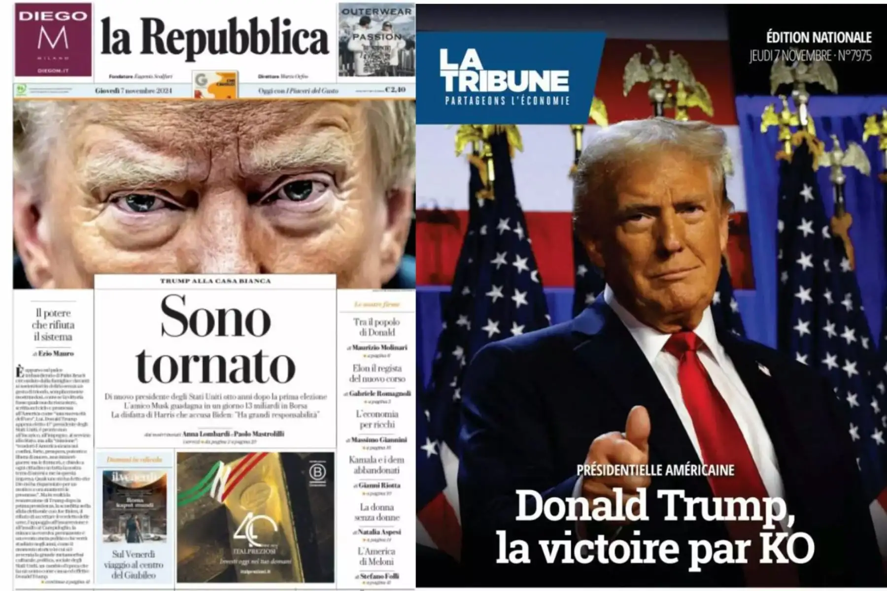 Portadas de algunos de los periódicos internacionales por la toma de posesión de Donald Trump como el 47º Presidente de los Estados Unidos de América, el 21 de enero de 2025. Foto: Twitter