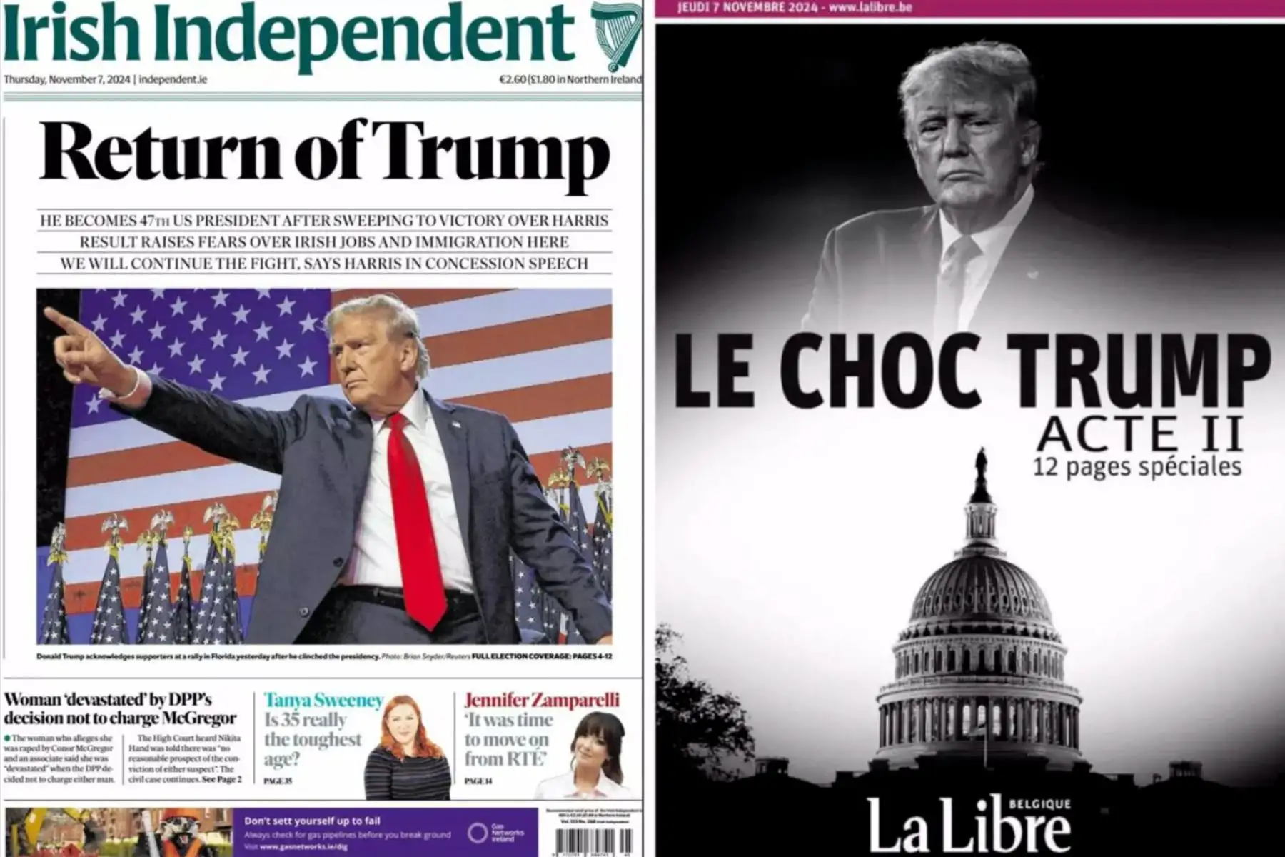 Portadas de algunos de los periódicos internacionales por la toma de posesión de Donald Trump como el 47º Presidente de los Estados Unidos de América, el 21 de enero de 2025. Foto: Twitter