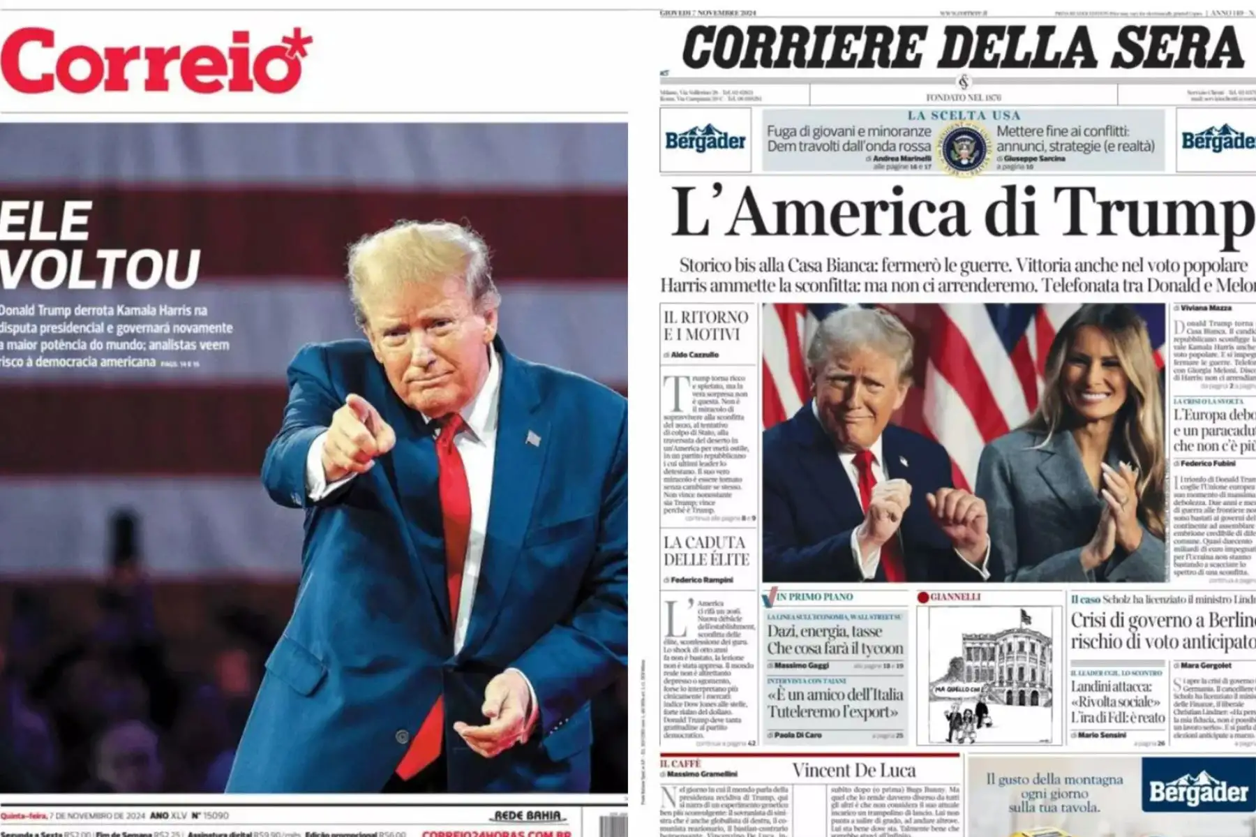 Portadas de algunos de los periódicos internacionales por la toma de posesión de Donald Trump como el 47º Presidente de los Estados Unidos de América, el 21 de enero de 2025. Foto: Twitter