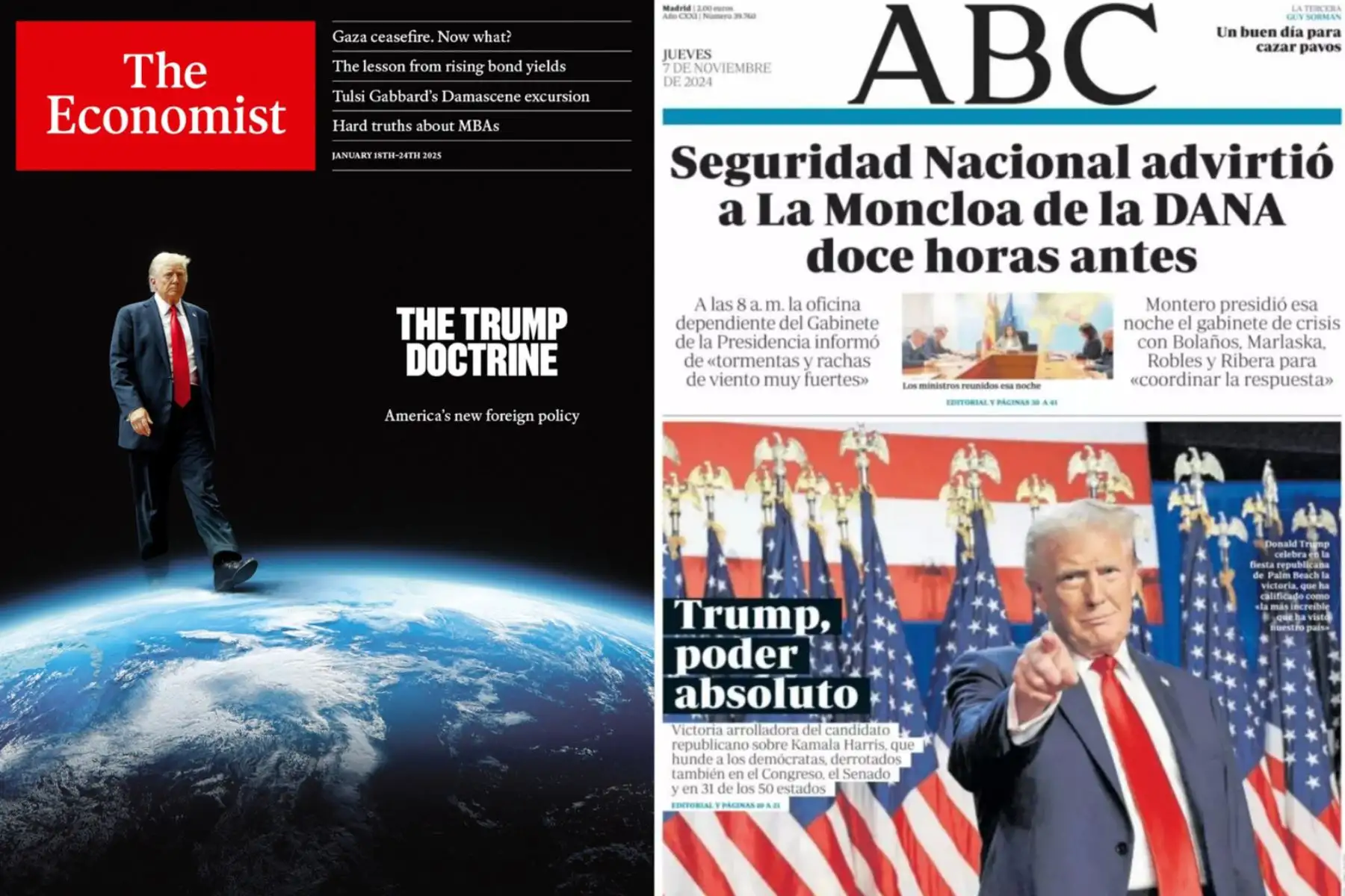 Portadas de algunos de los periódicos internacionales por la toma de posesión de Donald Trump como el 47º Presidente de los Estados Unidos de América, el 21 de enero de 2025. Foto: Twitter