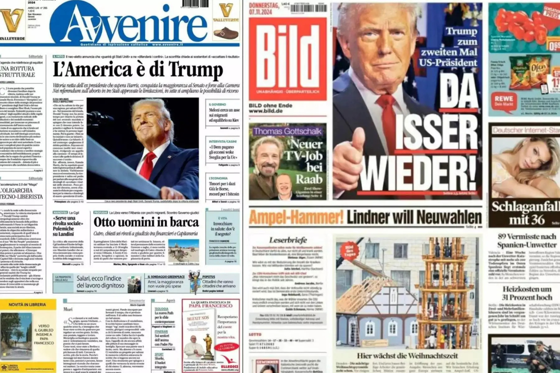 Portadas de algunos de los periódicos internacionales por la toma de posesión de Donald Trump como el 47º Presidente de los Estados Unidos de América, el 21 de enero de 2025. Foto: Twitter