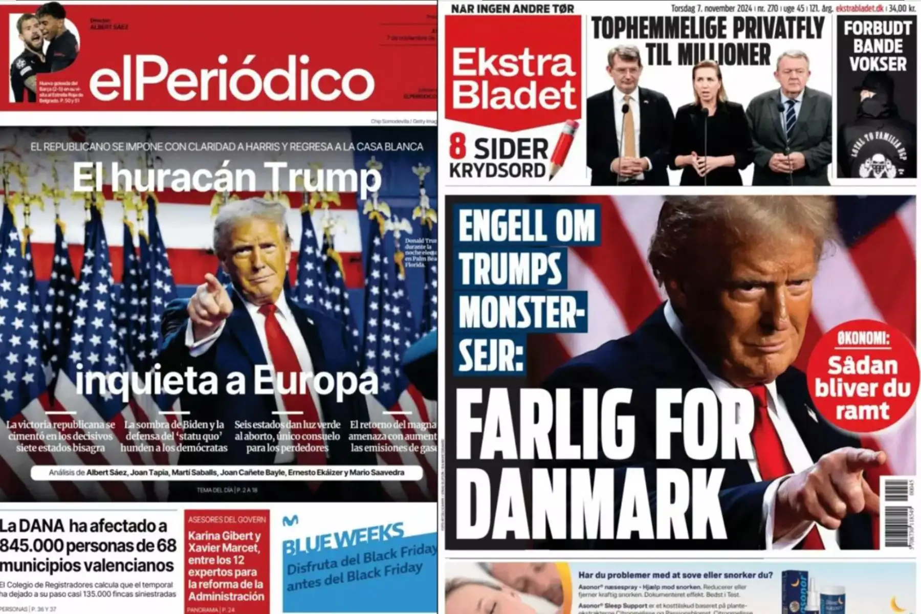 Portadas de algunos de los periódicos internacionales por la toma de posesión de Donald Trump como el 47º Presidente de los Estados Unidos de América, el 21 de enero de 2025. Foto: Twitter