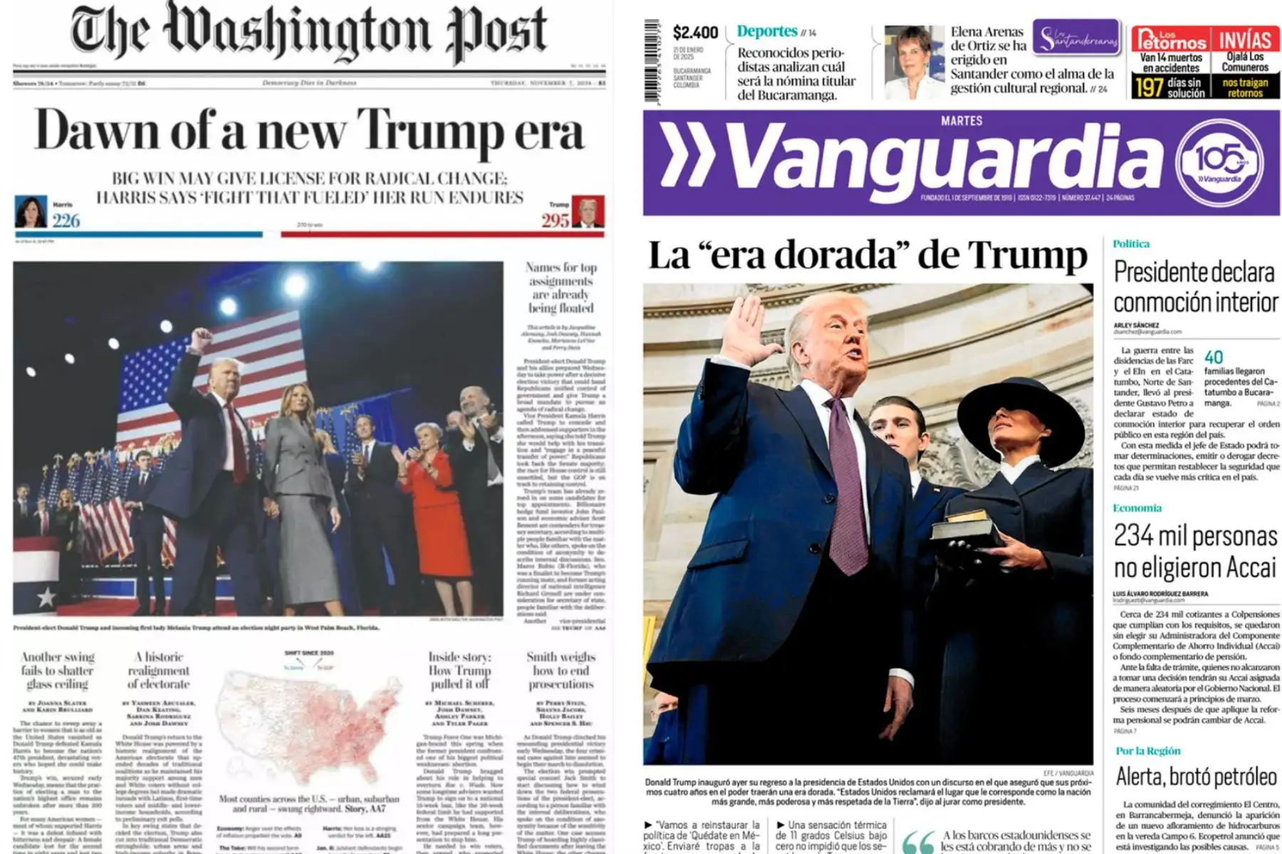 Portadas de algunos de los periódicos internacionales por la toma de posesión de Donald Trump como el 47º Presidente de los Estados Unidos de América, el 21 de enero de 2025. Foto: Twitter