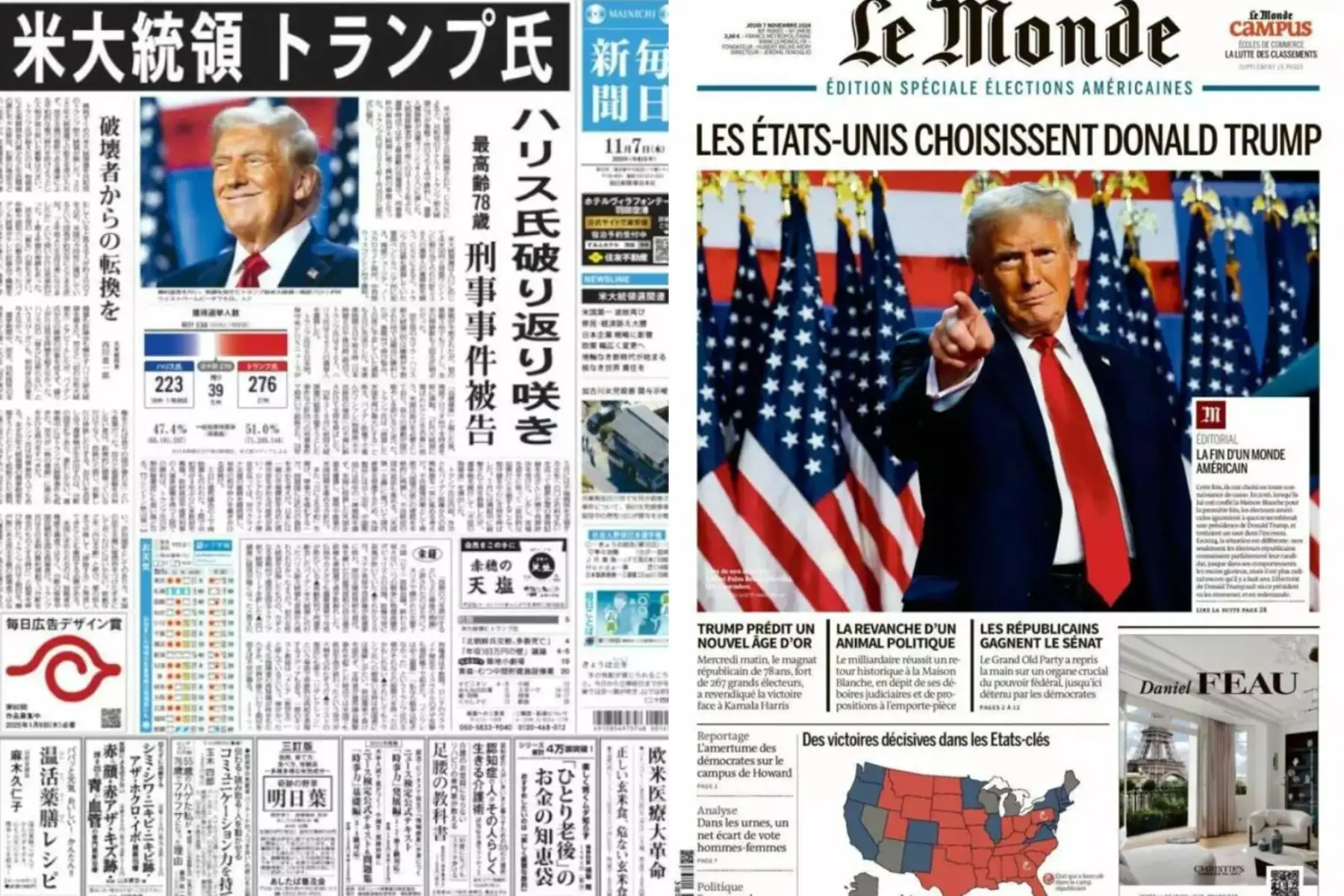 Portadas de algunos de los periódicos internacionales por la toma de posesión de Donald Trump como el 47º Presidente de los Estados Unidos de América, el 21 de enero de 2025. Foto: Twitter