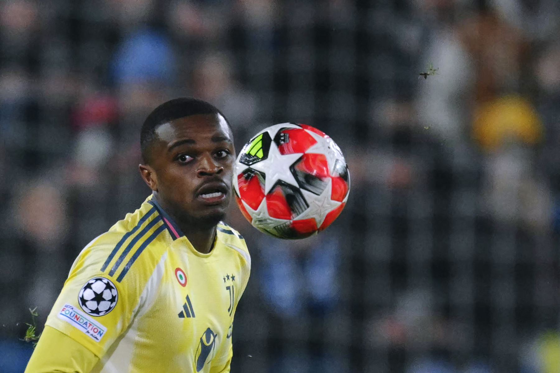 El defensa francés de la Juventus, Pierre Kalulu, mira el balón durante el partido de fútbol de la jornada 7 de la fase de liga de la Liga de Campeones de la UEFA entre el Club Brugge KV y la Juventus FC en el estadio Jan Breydel de Brujas.
Foto: AFP