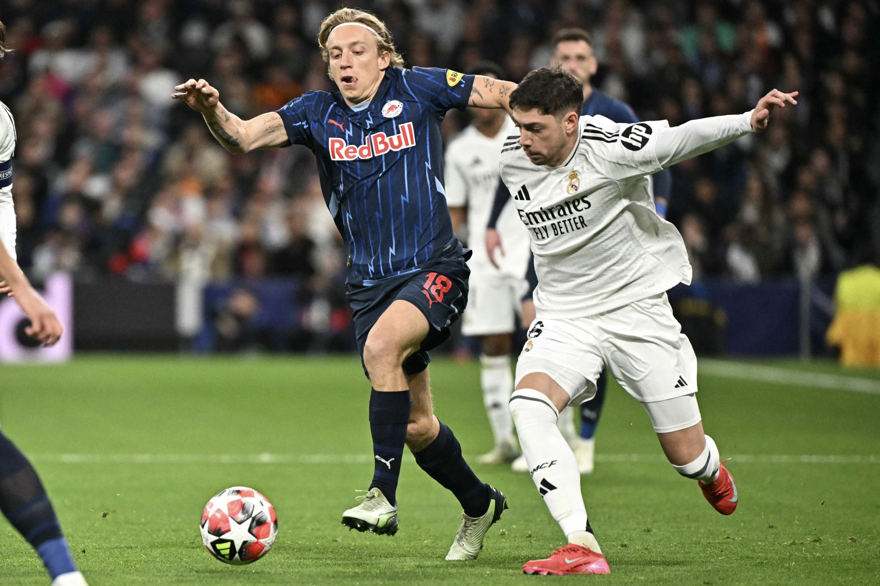 El centrocampista danés de Salzburgo, Mads Bidstrup desafía al centrocampista uruguayo del Real Madrid Federico Valverde durante el partido de fútbol de fase liguera de la Liga de Campeones de la UEFA entre el Real Madrid CF y el FC Salzburg en el estadio Santiago Bernabeu.
Foto: AFP