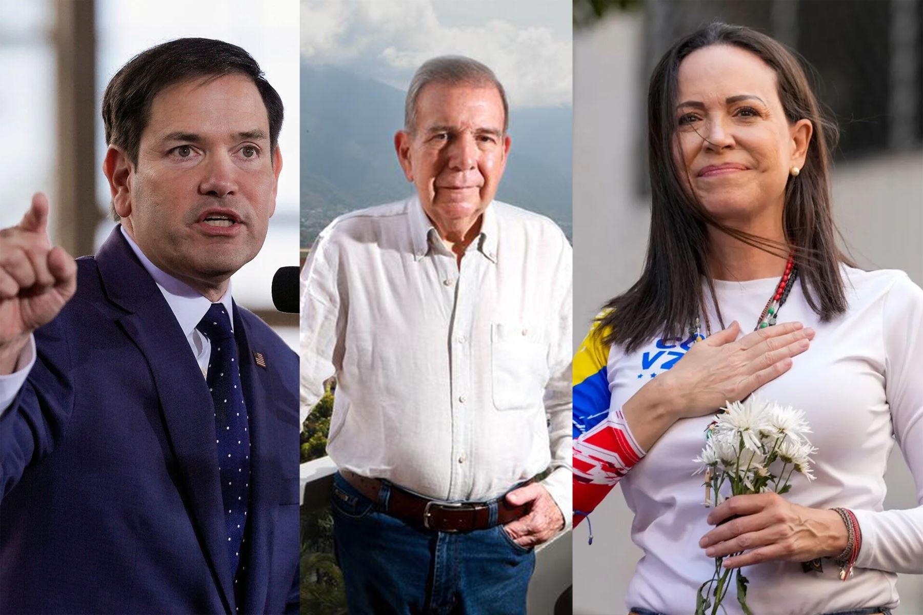 Secretario de Estado de EE. UU., Marco Rubio, y los líderes opositores de Venezuela Edmundo González y María Corina Machado. Foto: ANDINA/Difusión