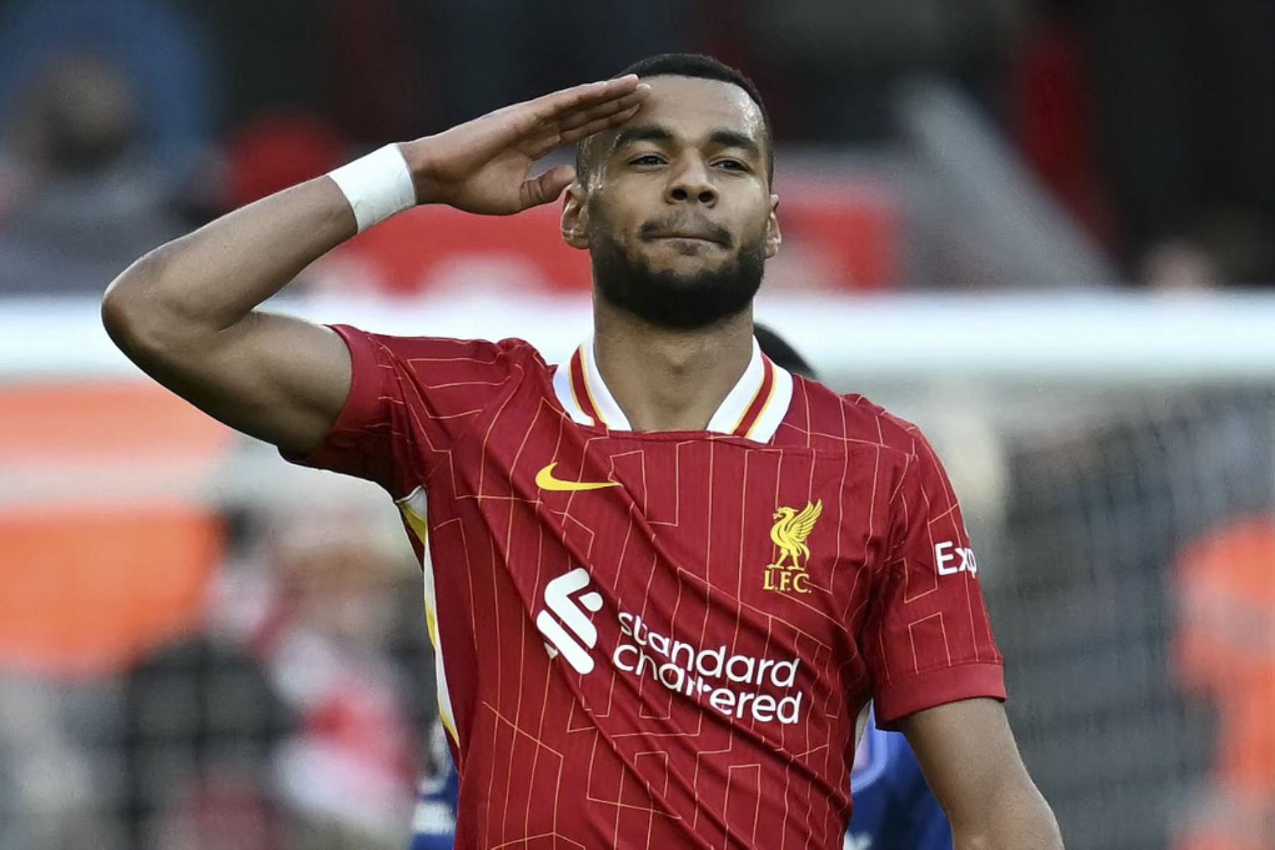 El delantero holandés del Liverpool, Cody Gakpo, celebra el tercer gol del equipo durante el partido de fútbol de la Premier League inglesa entre Liverpool e Ipswich Town en Anfield en Liverpool, noroeste de Inglaterra, el 25 de enero de 2025. (Foto de Paul ELLIS / AFP)