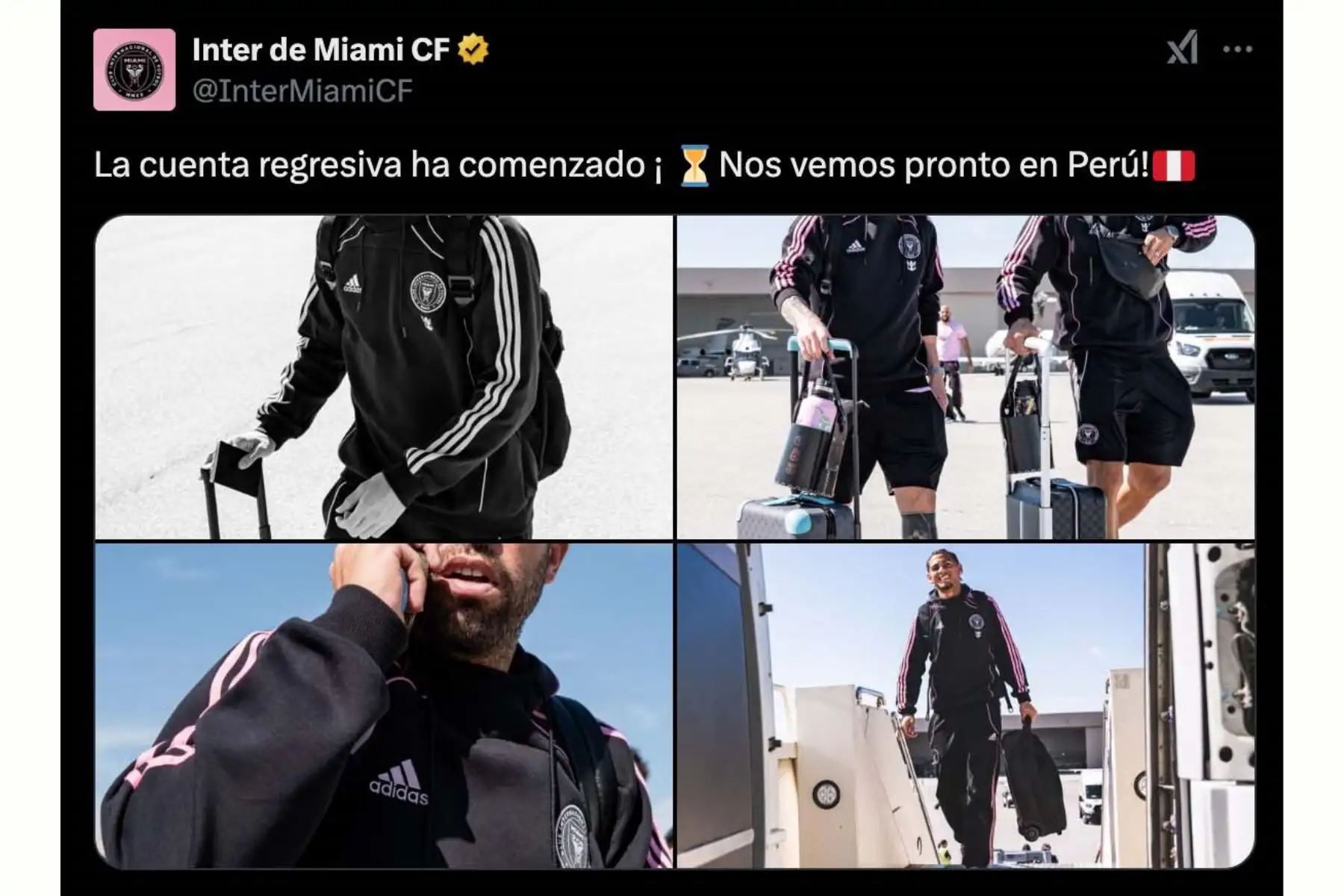 A través de su cuenta oficial en X, el Inter de Miami informó que ya está rumbo al Perú con un mensaje que dice: "La cuenta regresiva ha comenzado ¡Nos vemos pronto en Perú!". El equipo, liderado por sus estrellas Lionel Messi, Luis Suárez y Jordi Alba, se prepara para enfrentar a Universitario de Deportes en un partido que ha generado gran expectativa entre los fanáticos peruanos. Este encuentro promete ser histórico, ya que reúne a algunas de las máximas figuras del fútbol mundial en tierras limeñas encabezado por el campeón del mundo, Lionel Messi. Foto: ANDINA/Composición digital con fotos de Internet y Archivo