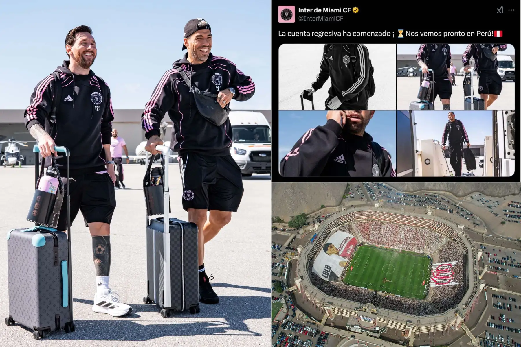 A través de su cuenta oficial en X, el Inter de Miami informó que ya está rumbo al Perú con un mensaje que dice: "La cuenta regresiva ha comenzado ¡Nos vemos pronto en Perú!". El equipo, liderado por sus estrellas Lionel Messi, Luis Suárez y Jordi Alba, se prepara para enfrentar a Universitario de Deportes en un partido que ha generado gran expectativa entre los fanáticos peruanos. Este encuentro promete ser histórico, ya que reúne a algunas de las máximas figuras del fútbol mundial en tierras limeñas encabezado por el campeón del mundo, Lionel Messi. Foto: ANDINA/Composición digital con fotos de Internet y Archivo
