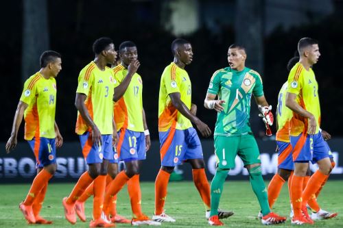 Jugadores de Colombia reaccionan este martes, en un partido del grupo B del Campeonato Sudamericano sub-20 entre las selecciones de Colombia y Ecuador en el estadio Polideportivo Misael Delgado en Valencia (Venezuela) Foto: EFE