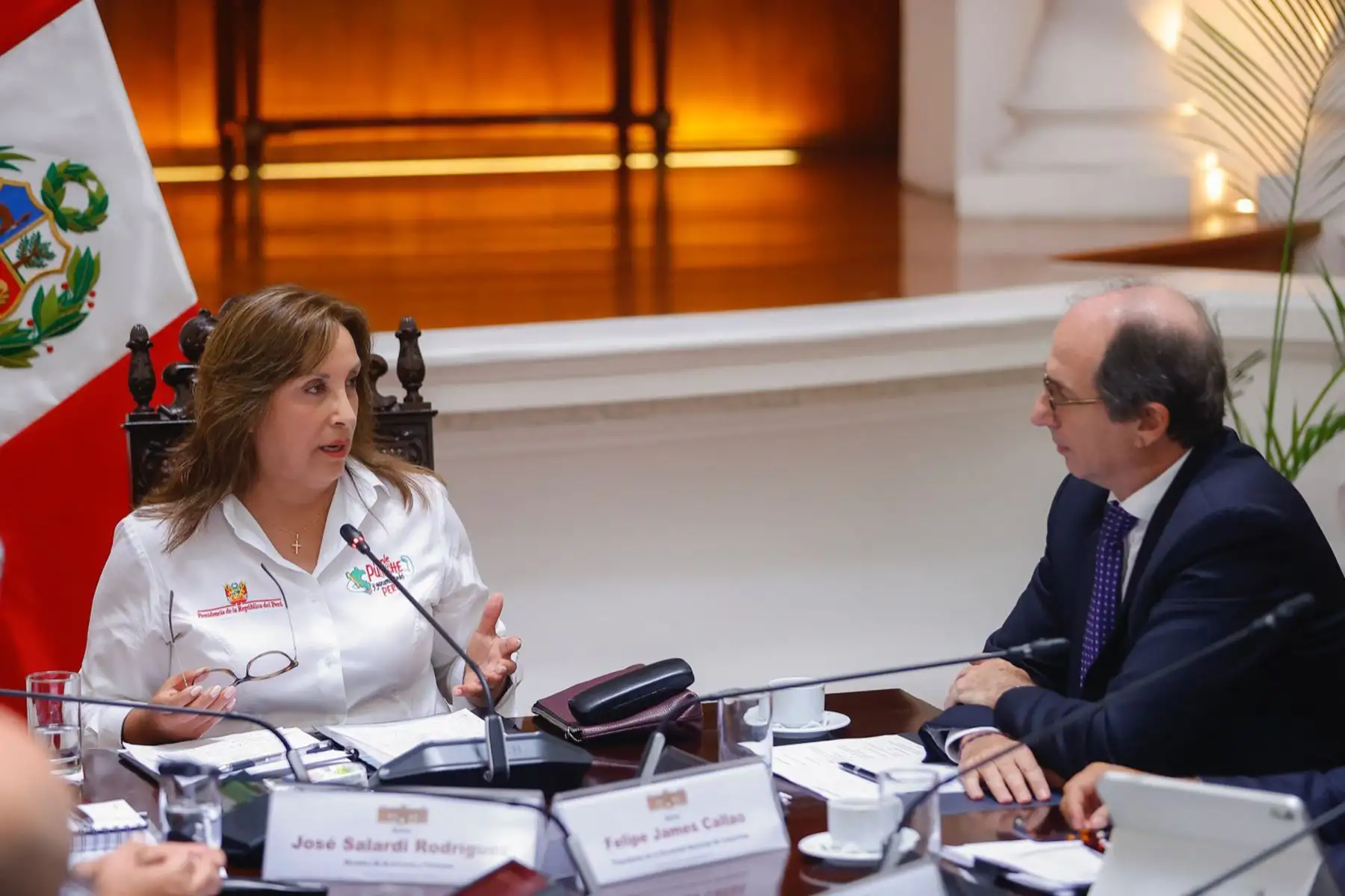 La presidenta Dina Boluarte Zegarra, anunció la incorporación de gremios empresariales al Consejo Nacional de Seguridad Ciudadana (Conasec). Durante una reunión con representantes del sector empresarial y el ministro del Interior, Juan José Santiváñez; el ministro de Economía, José Salardi y el ministro de Justicia, Eduardo Arana, la mandataria informó que en la próxima sesión del Consejo de Ministros se debatirá el marco legal para formalizar esta integración.
Foto:ANDINA/ Prensa Presidencia