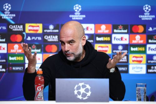 El entrenador del Manchester City, Pep Guardiola, asiste a una conferencia de prensa en Manchester, Gran Bretaña, el 10 de febrero de 2025. El Manchester City se enfrentará al Real Madrid en el partido de play-off de la fase eliminatoria de la UEFA Champions League el 11 de febrero de 2025. Foto: EFE