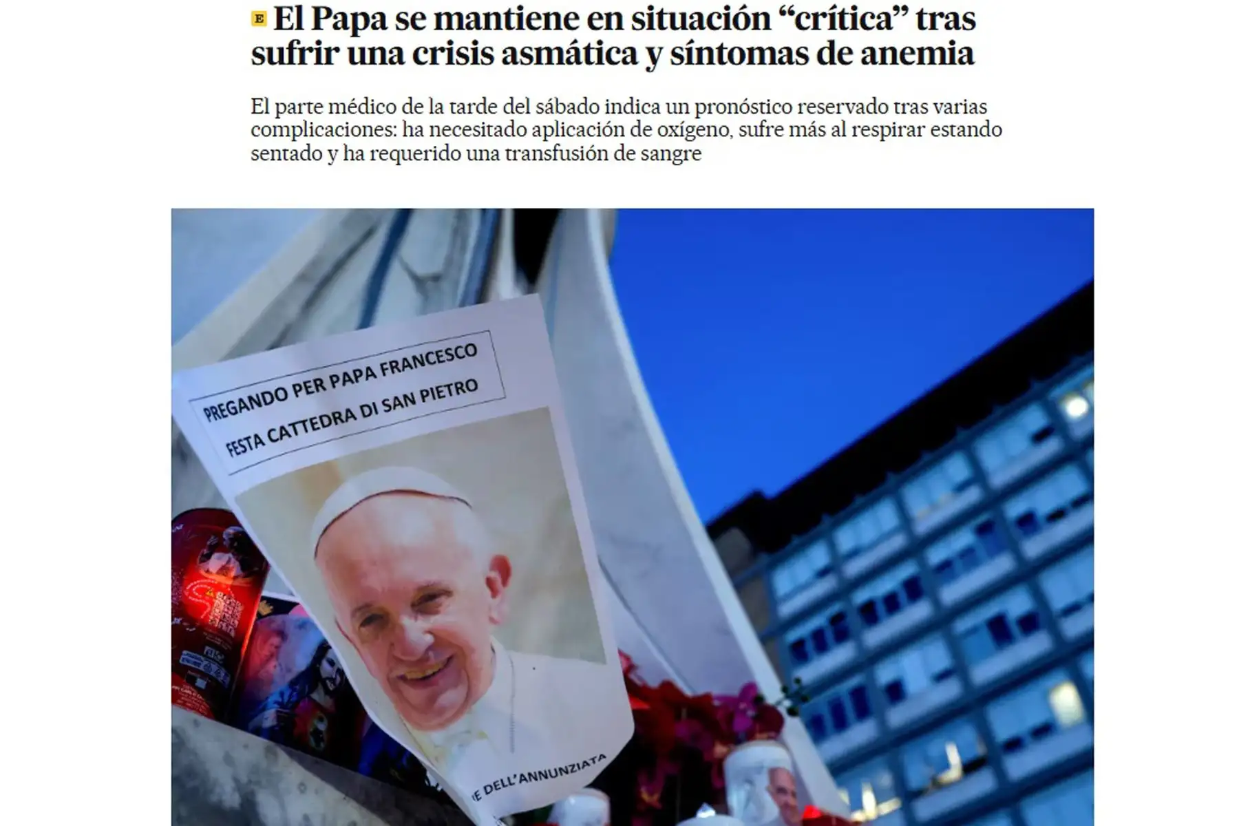 Así informan los principales medios periodísticos del mundo sobre la salud del Papa Francisco. En la imagen, portada del diario El País de España.
Foto: ANDINA/ Difusión